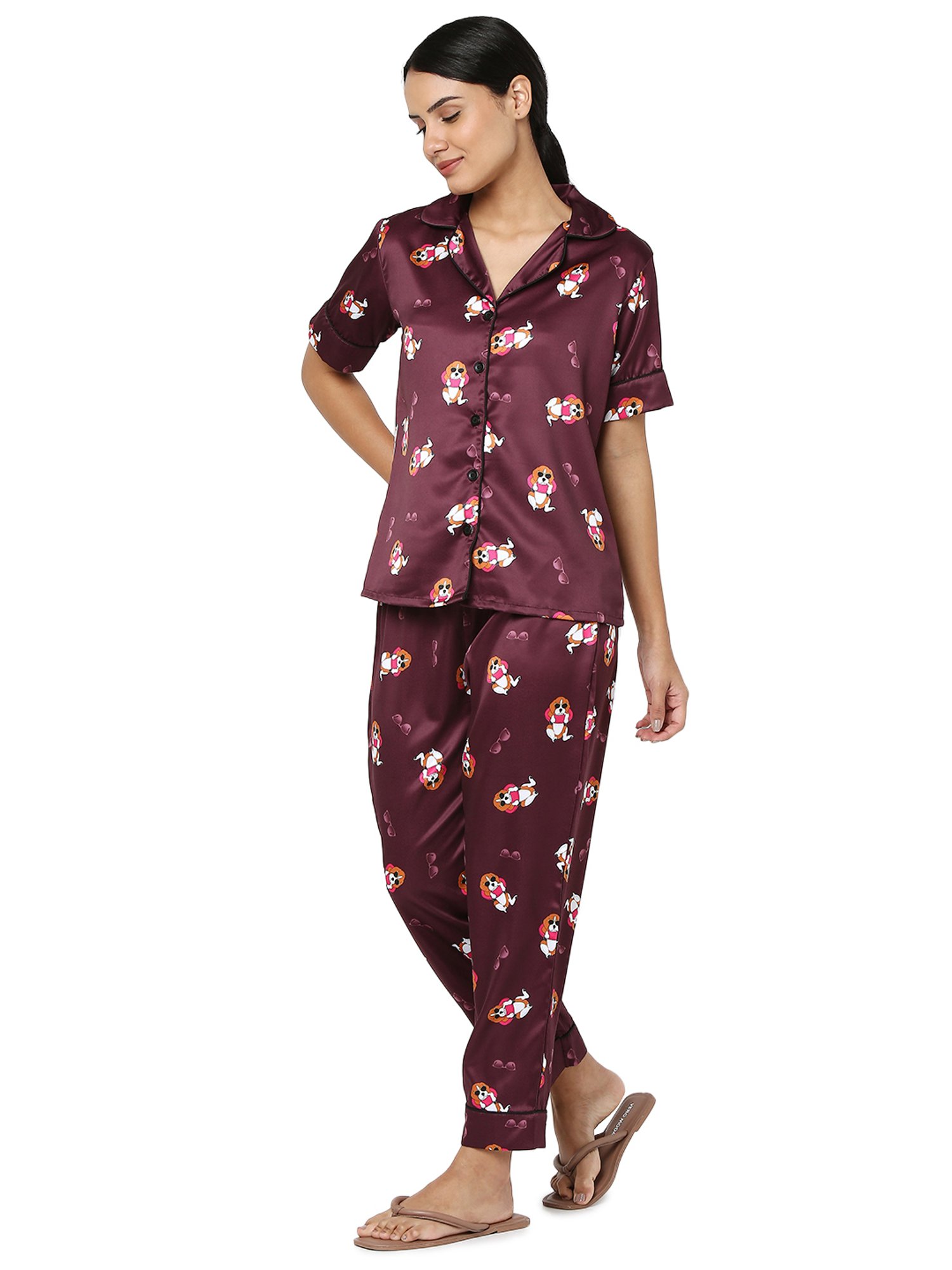 Smarty Pants Maroon Satin Animal Print Shirt With Pyjamas