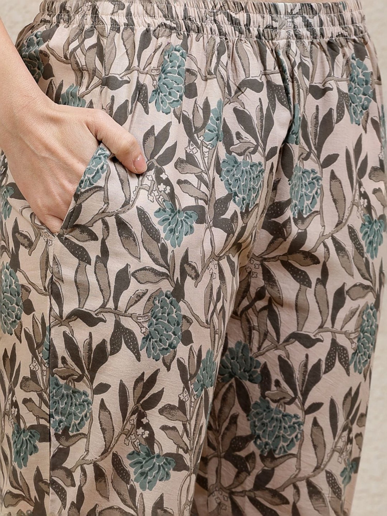 Stylum Beige & Green Floral Print Top & Pants Set