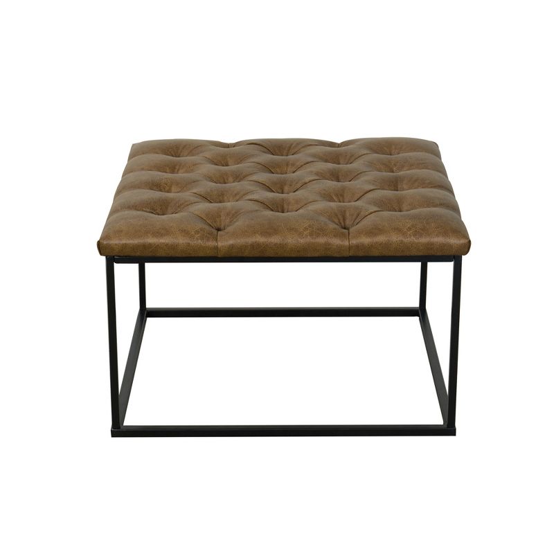 Square Metal Ottoman with Button Tufting Faux Leather Light Brown - HomePop