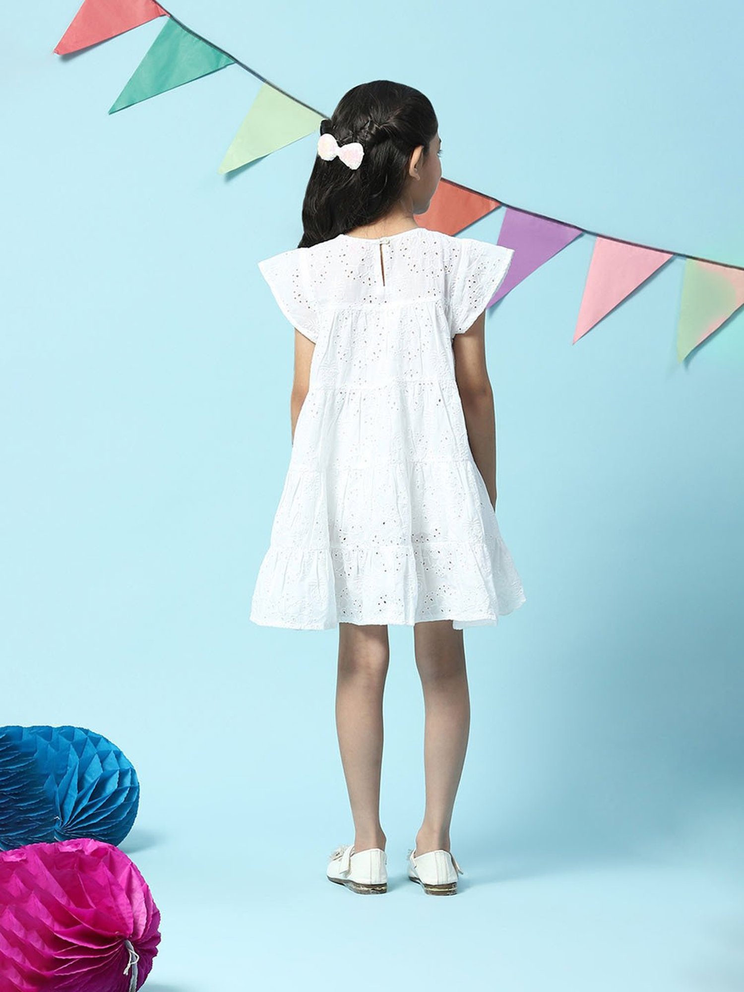 BIBA Girls White Self Design Dress