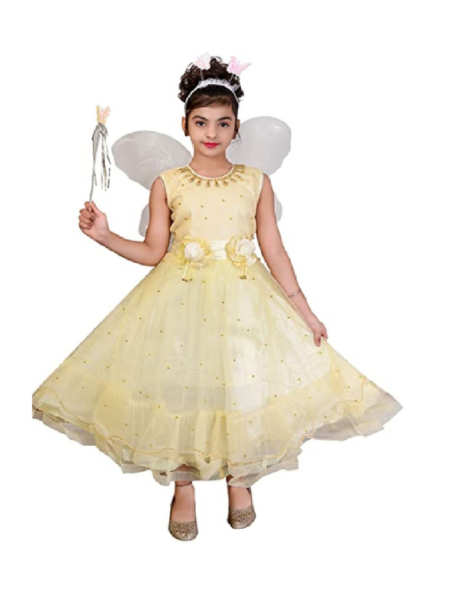 Ahhaaaa Kids Beige Embellished Dress, Wings, Hair Band with Fairy Stick