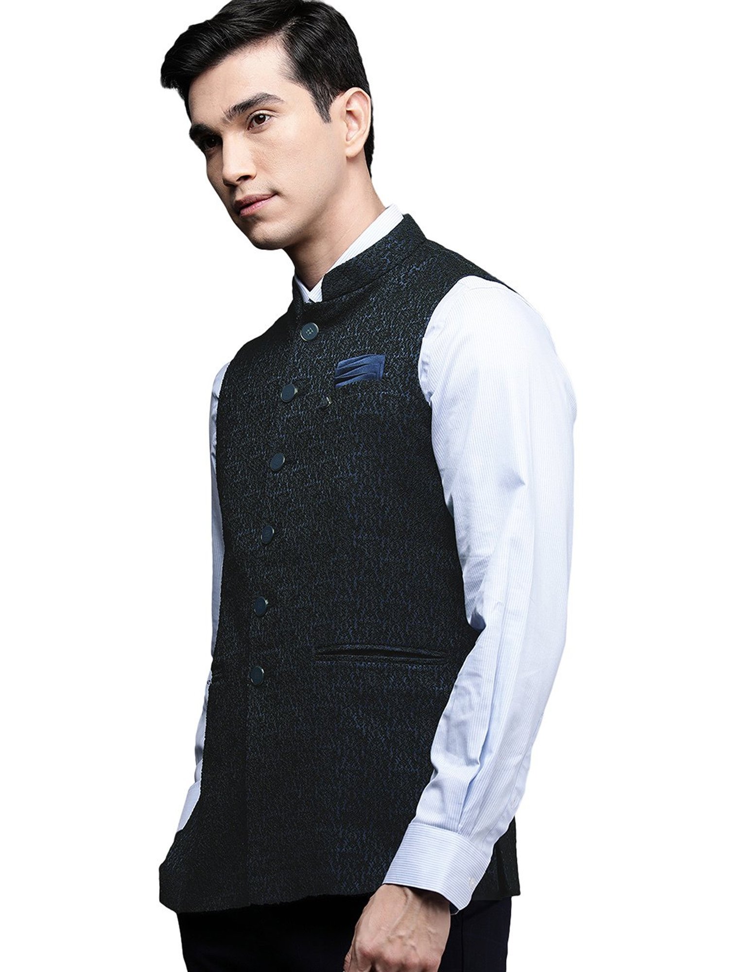 Manyavar Blue Mandarin Collar Nehru Jacket