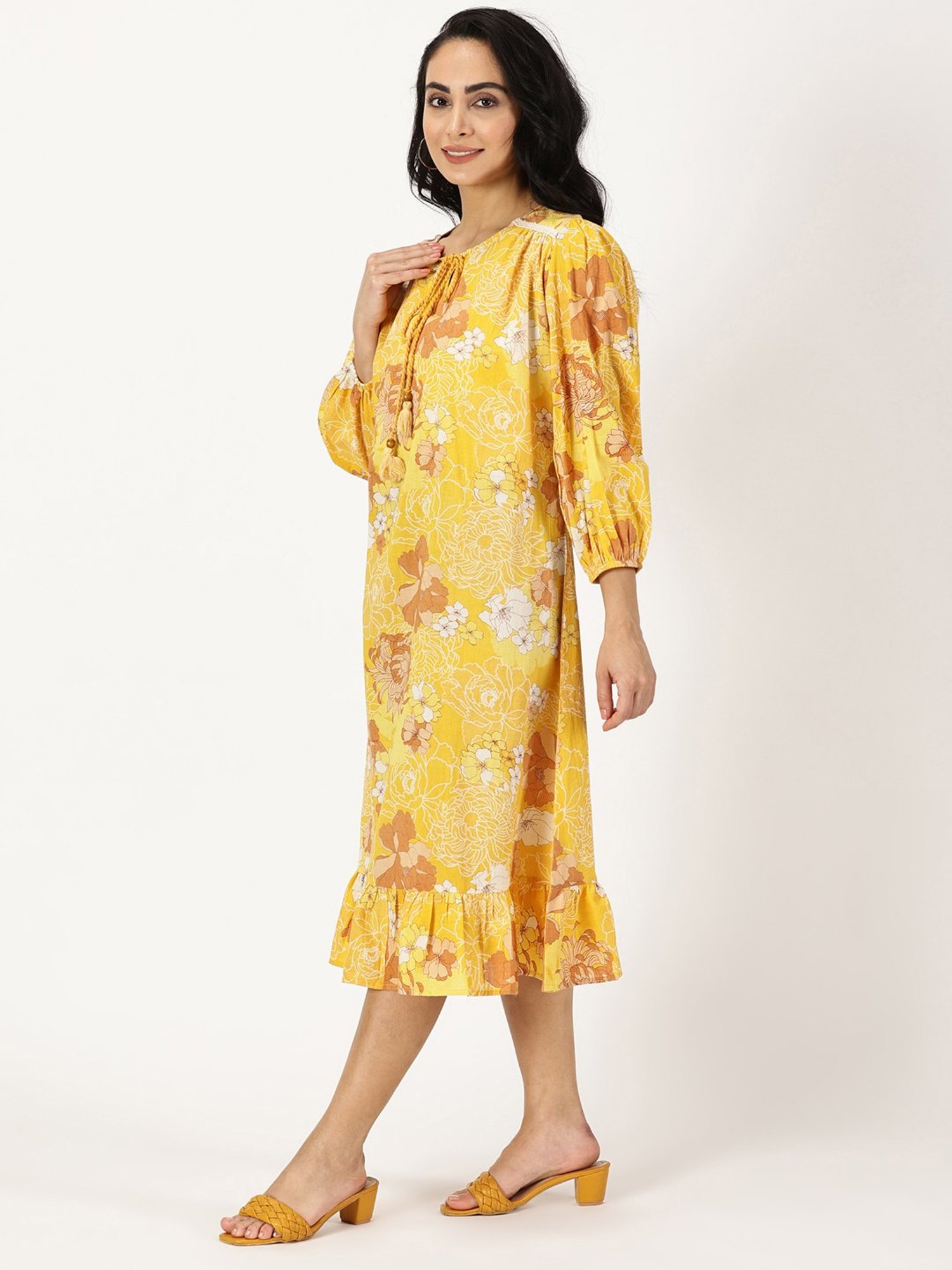 Saffron Threads Yellow Cotton Floral Print Ethnic Dress