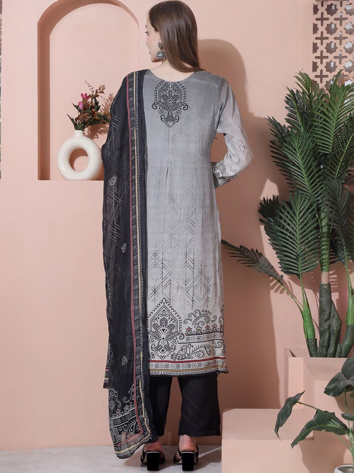 Stylee LIFESTYLE Grey Embroidered Unstitched Dress Material