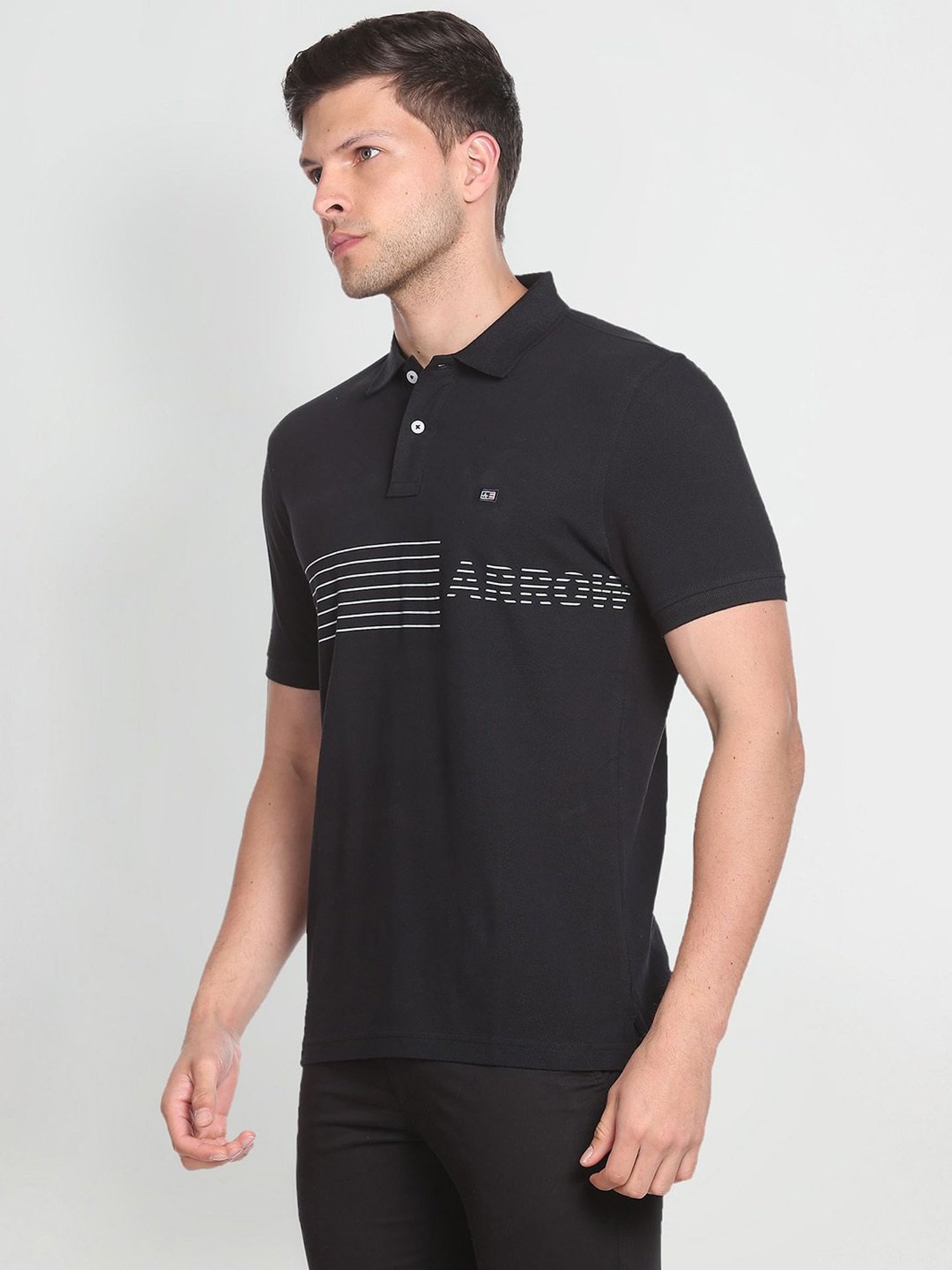 Arrow Sport Black Cotton Regular Fit Striped Polo T-Shirt