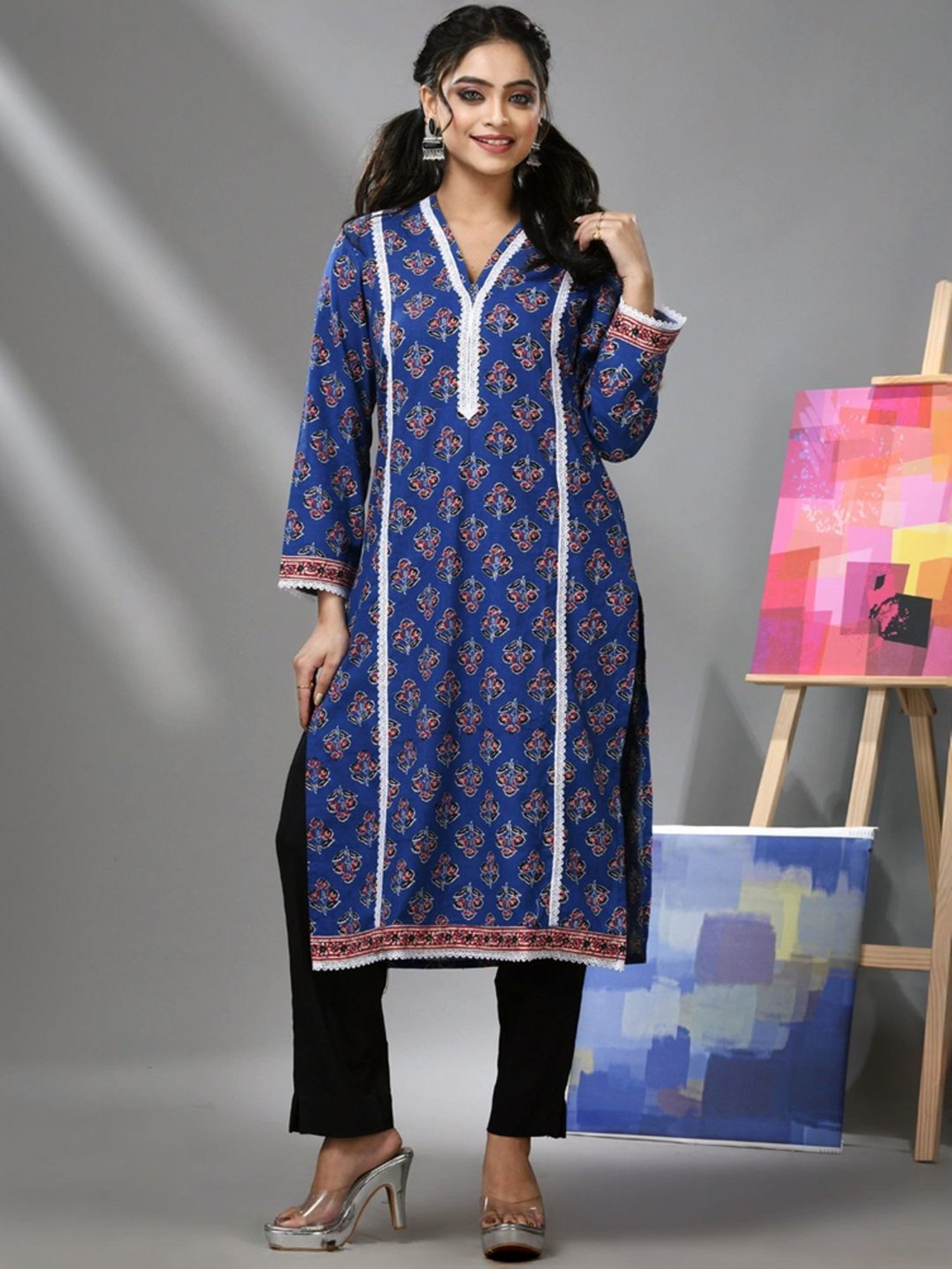Charukriti Blue Cotton Printed Straight Kurta