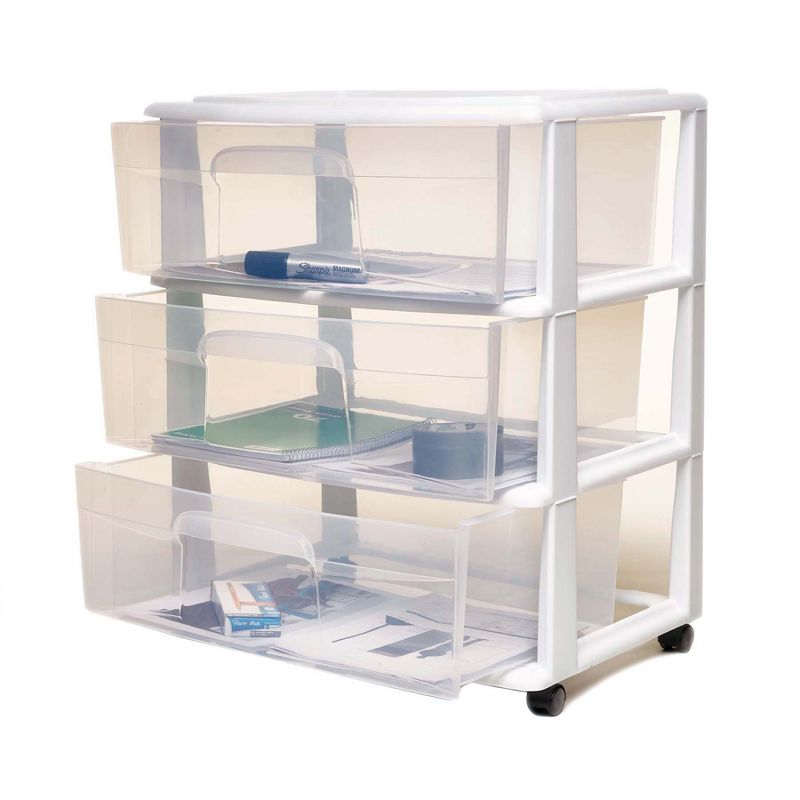 Homz Plastic 3 Clear Drawer Compact Home Rolling Storage Container Tower for Small to Medium Sized Items, White Frame