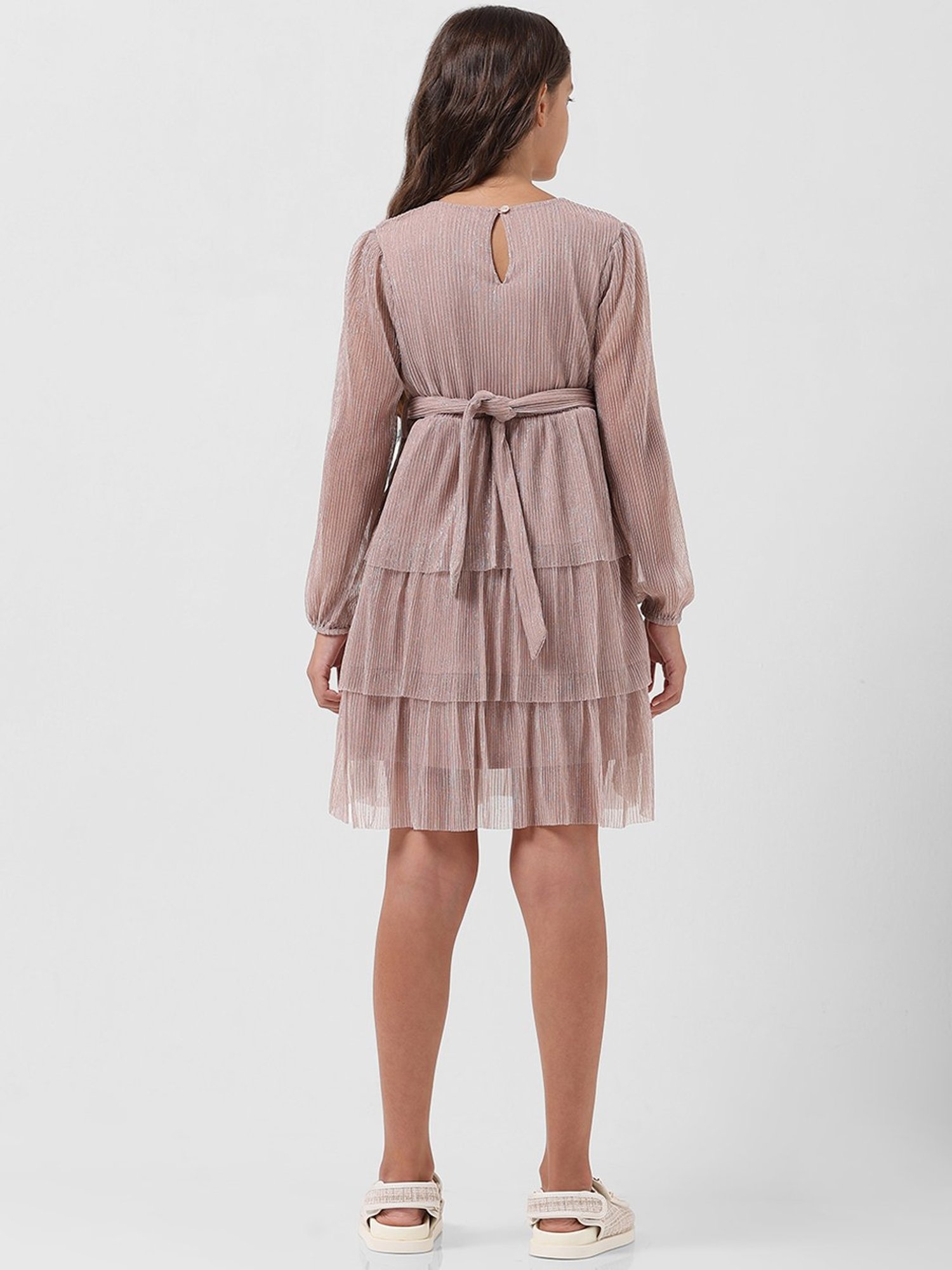 VERO MODA GIRL Pink Shimmer Full Sleeves Dress with Belt