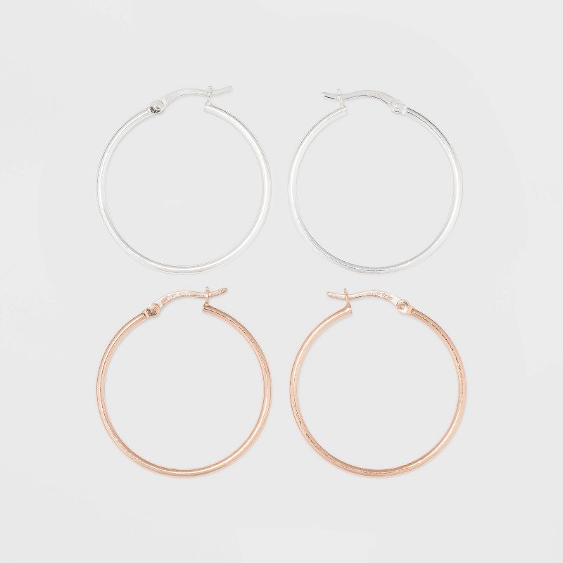 Two-Tone Sterling Silver Hoop Fine Jewelry Earring Set 2pc - A New Day™ Silver/Rose Gold