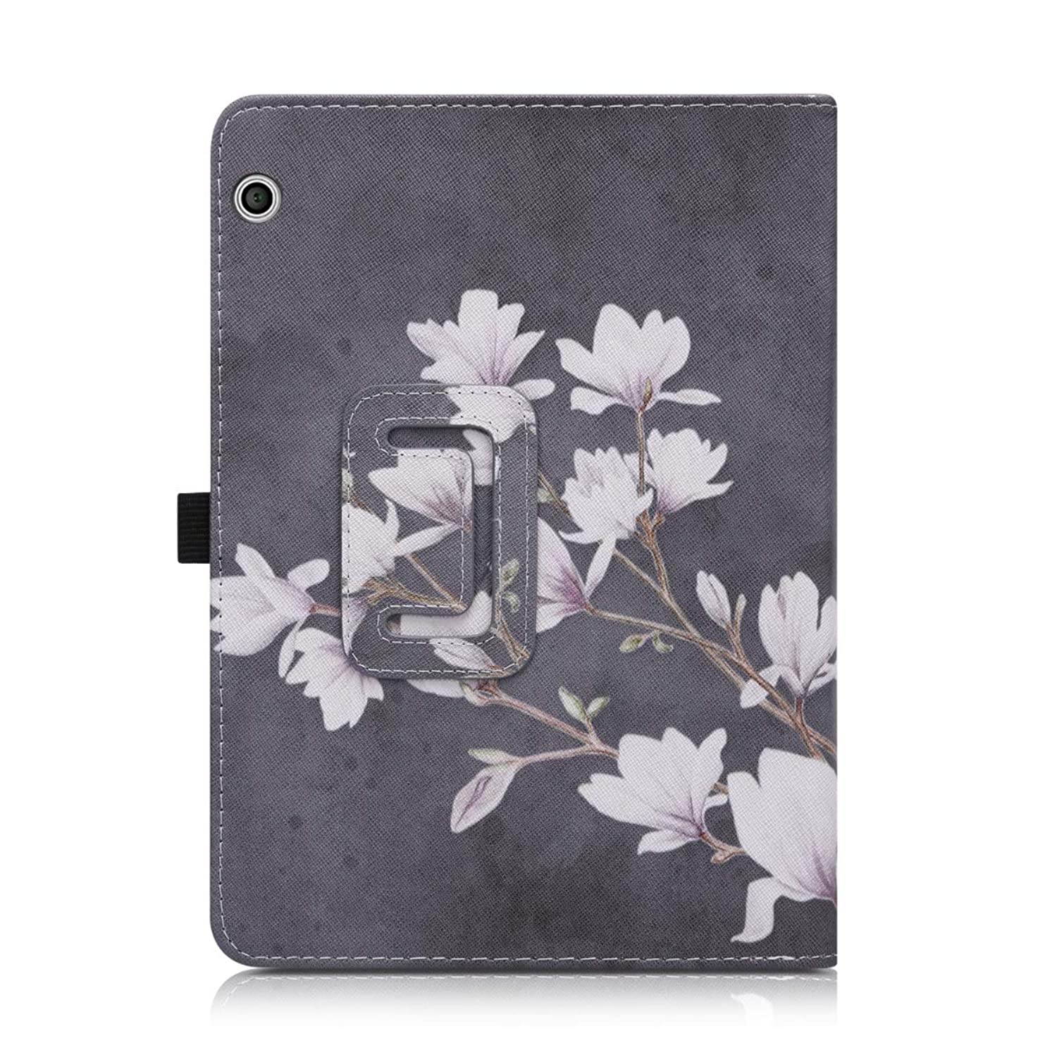 kwmobile Case Compatible with Huawei MediaPad T3 10 - Slim PU Leather Tablet Cover with Stand Feature - Magnolias Taupe/White/Dark Grey