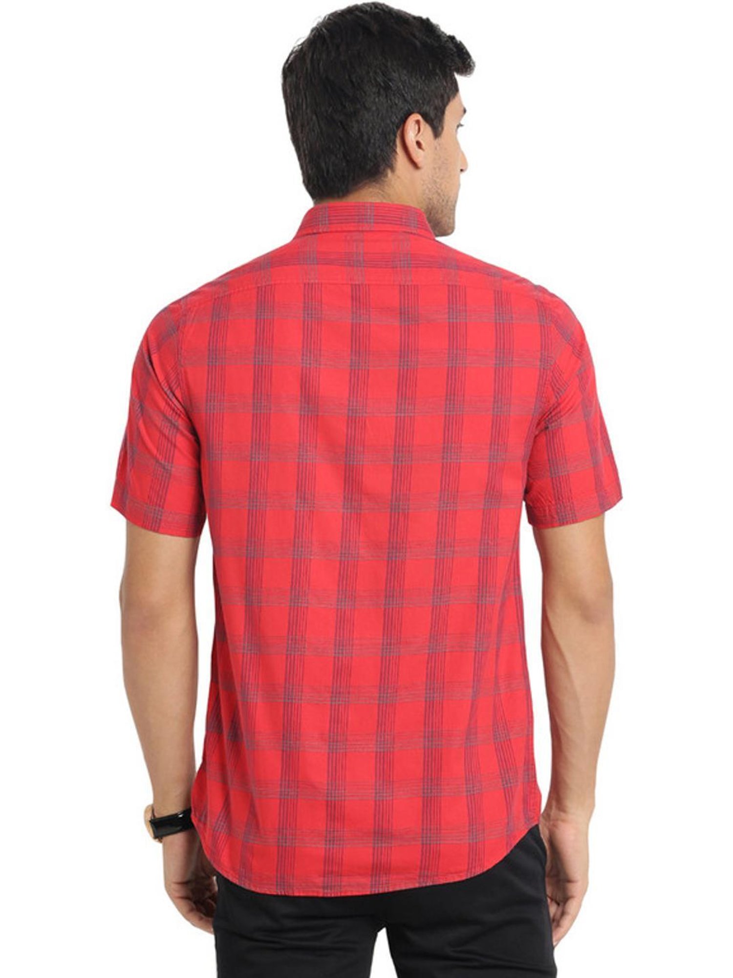 Turtle Red Cotton Slim Fit Checks Shirt