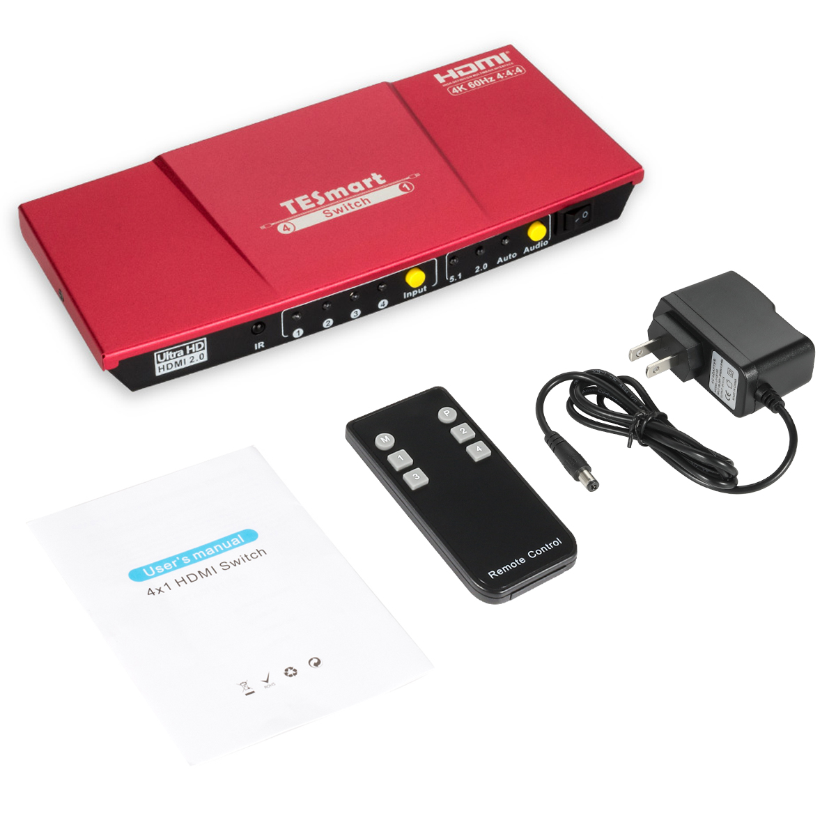 TESmart 4x1 HDMI Switch Ultra HD supports 4K@60Hz 4: 4: 4, 4-port HDMI switch 3DTV pass-through, Support S/PDIF and L/R audio out and IR remote control, For Xbox 360/One, PS4/PS3