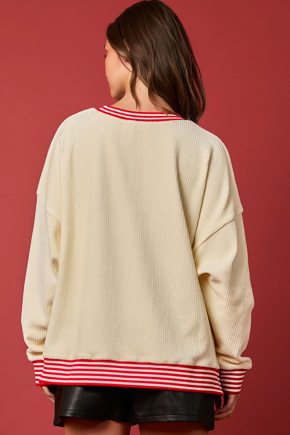 Khaki Plain Drop Shoulder Ribbed Trim Oversized Sweatshirt