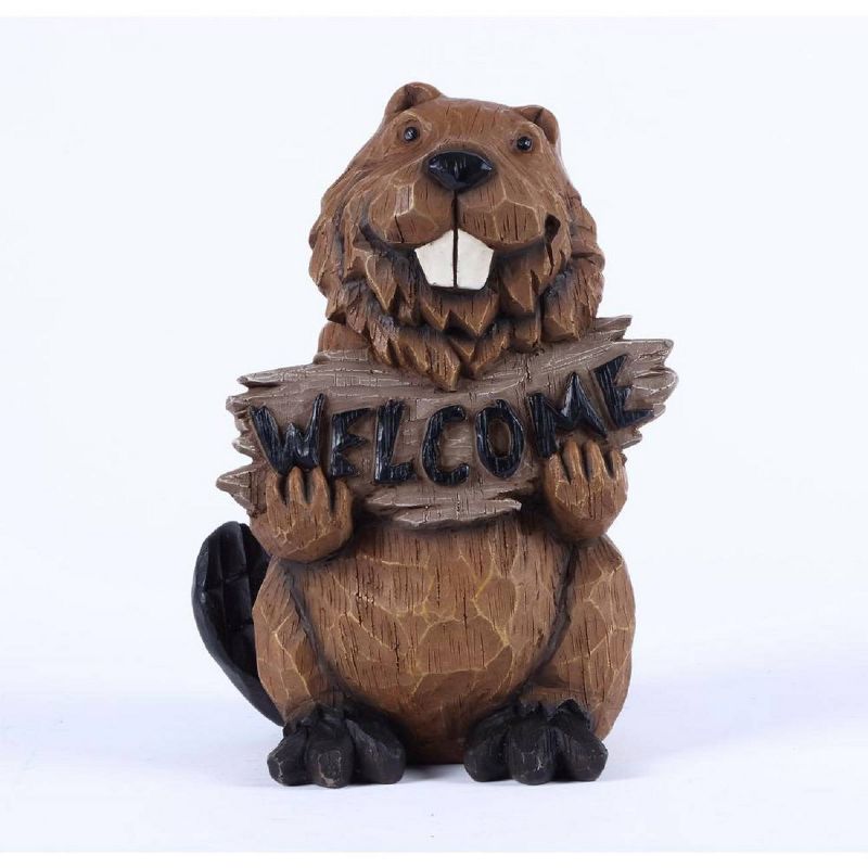 11.75" Polyresin Beaver Holding a Welcome Sign Outdoor Statue Brown - Hi-Line Gift