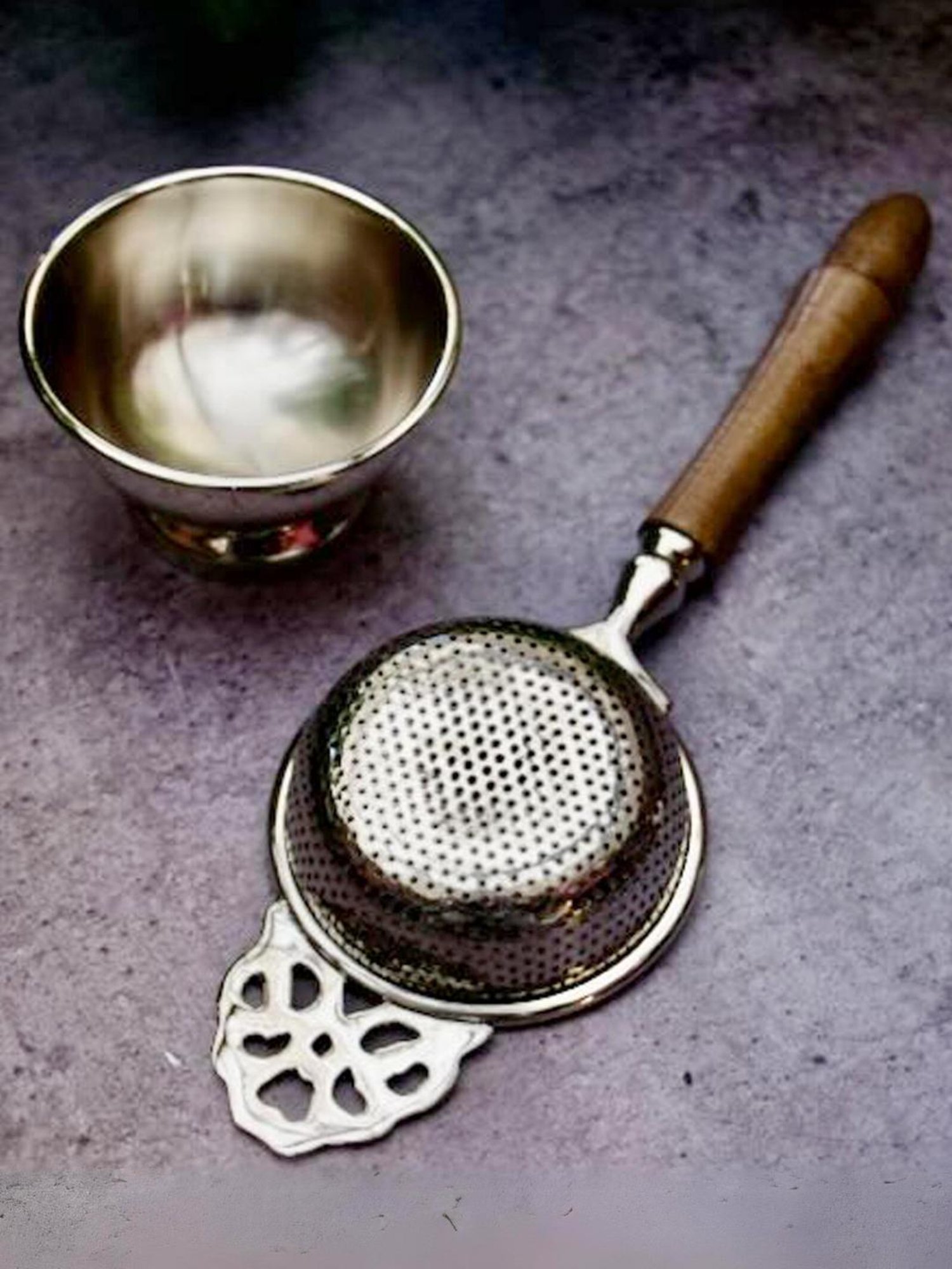 Ambi Pure Brass Punched Flower Medium Sized Tea Strainer - Steel Matte Finish With Wooden Handle