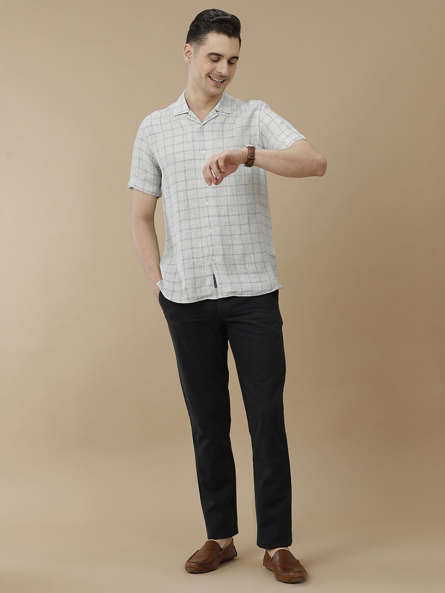 Linen Club Grey Linen Contemporary Fit Checks Shirt