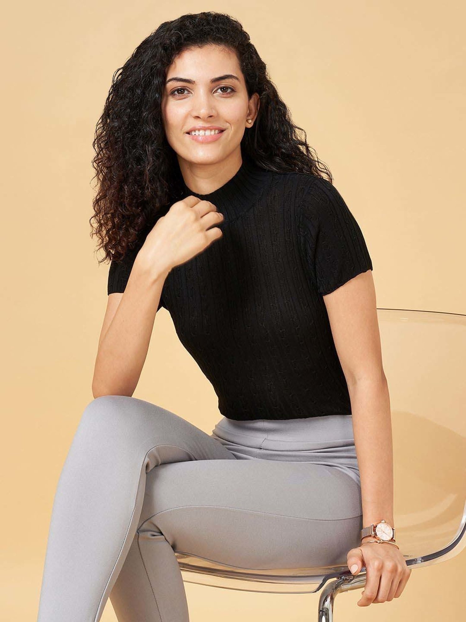 Annabelle by Pantaloons Black Self Pattern Top