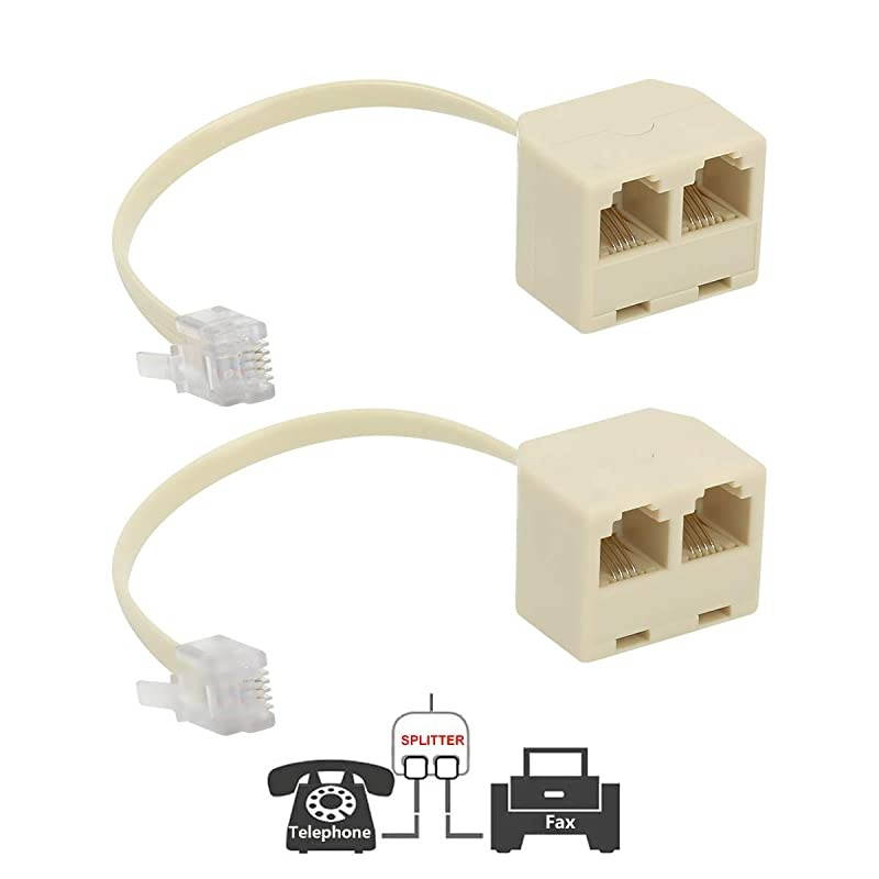 Two Way Telephone Splitters Male to 2 Female Converter Cable RJ11 6P4C Telephone Wall Adaptor and Separator for LandlineYellow2 Pack