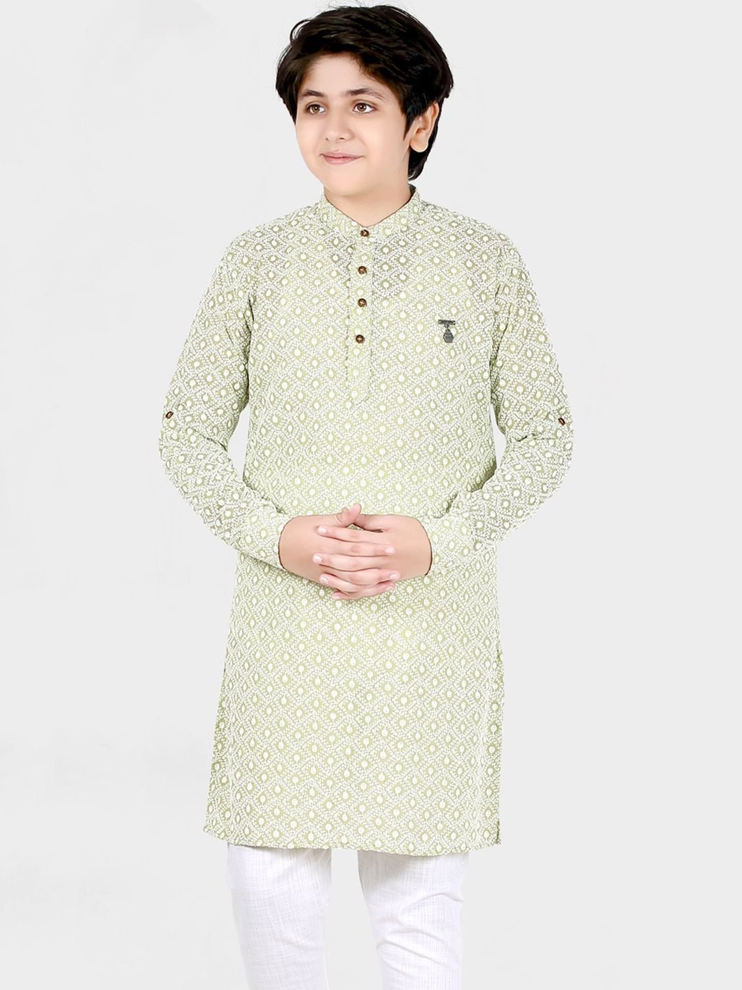 Cavio Kids Pista Green & White Cotton Embroidered Full Sleeves Kurta Set