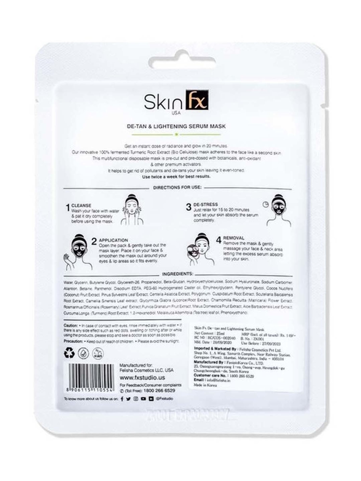 Skin Fx Lightening, Detan, Refreshing and Glowing Facial Serum Mask - Pack of 2
