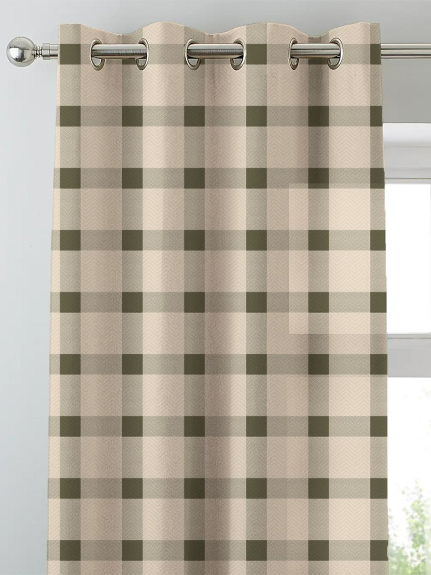 SPACES DRAPE STORY Boho Checks Beige & Grey Polyester 5 ft Window Curtains - Set of 2
