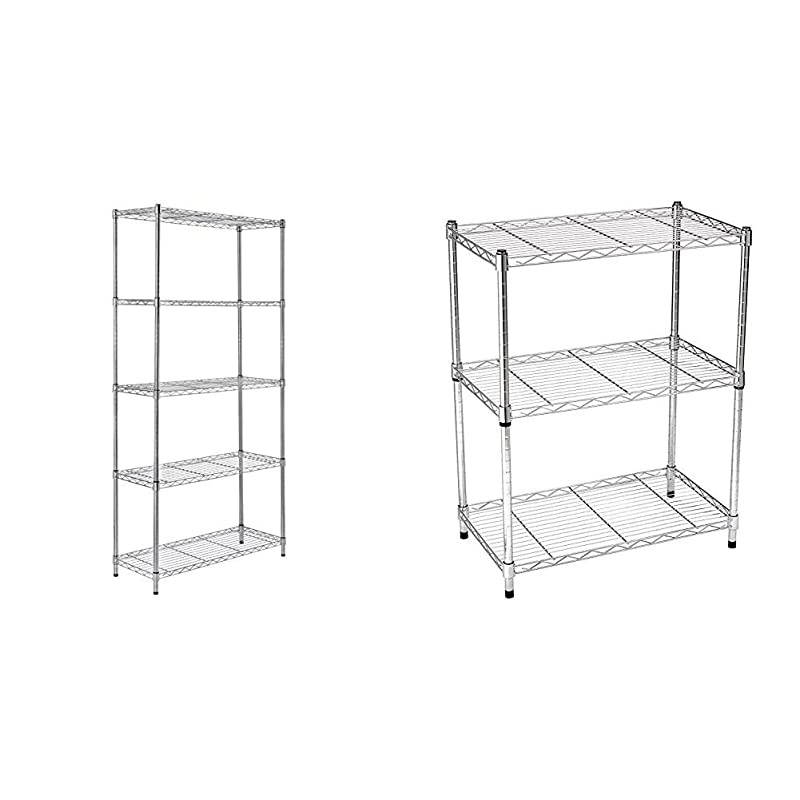 Basics 5-Shelf Adjustable, Storage Shelving Unit, Steel Organizer Wire Rack, Chrome & 3-Shelf Adjustable, Heavy Duty Storage Shelving Unit, Steel Organizer Wire Rack, Chrome