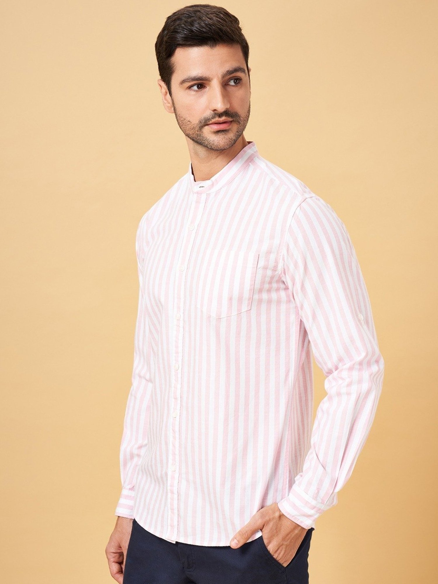 Byford by Pantaloons Primrose Pink Cotton Slim Fit Striped Shirt
