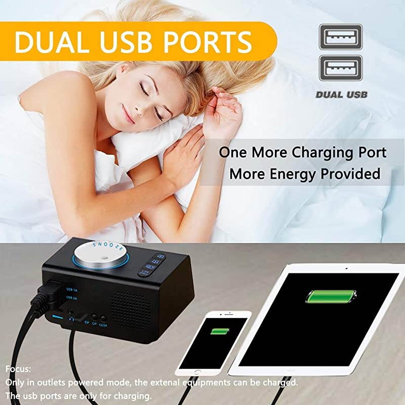 Digital Alarm Clock with FM Radio Dual USB Charging Ports Temperature Detect Dual Alarms Snooze 5Level Brightness Dimmer Batteries Operated for Bedroom Small Sleep Timer