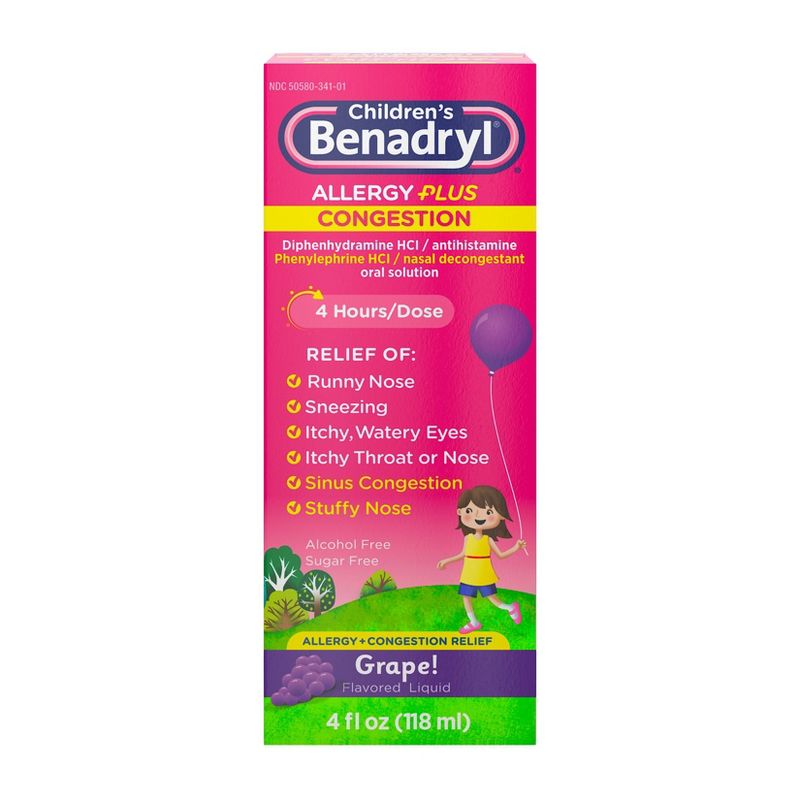 Children's Benadryl Allergy Plus Congestion Relief Liquid - Grape - Diphenhydramine - 4 fl oz