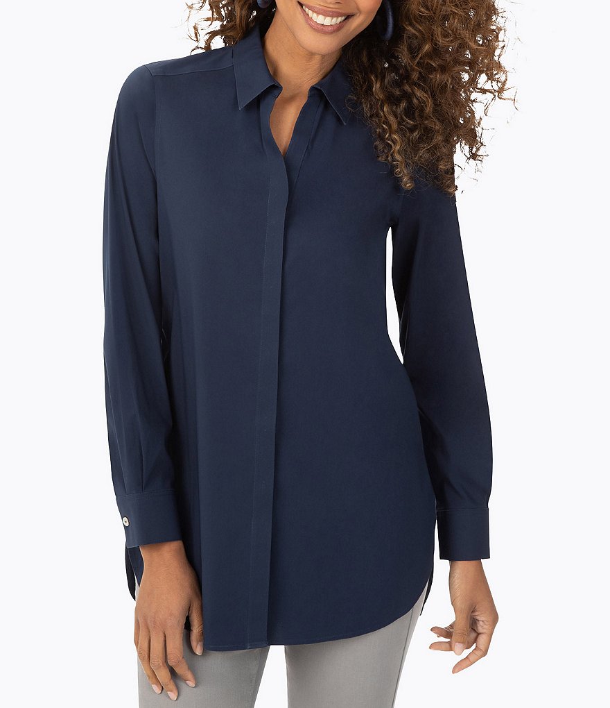 Foxcroft Vera Long Sleeve Point Collar Neck Stretch Non-Iron Button Front Tunic