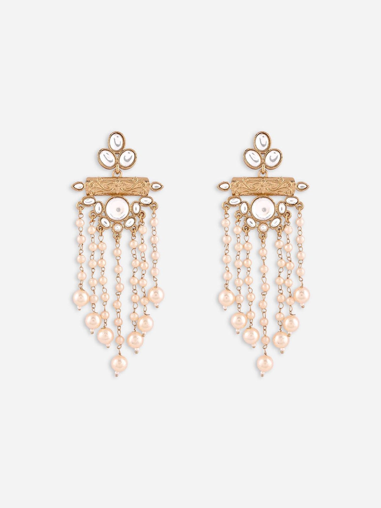 Fida Gold-Plated White Long Strand Kundan Pearl Dangler Earrings for Women