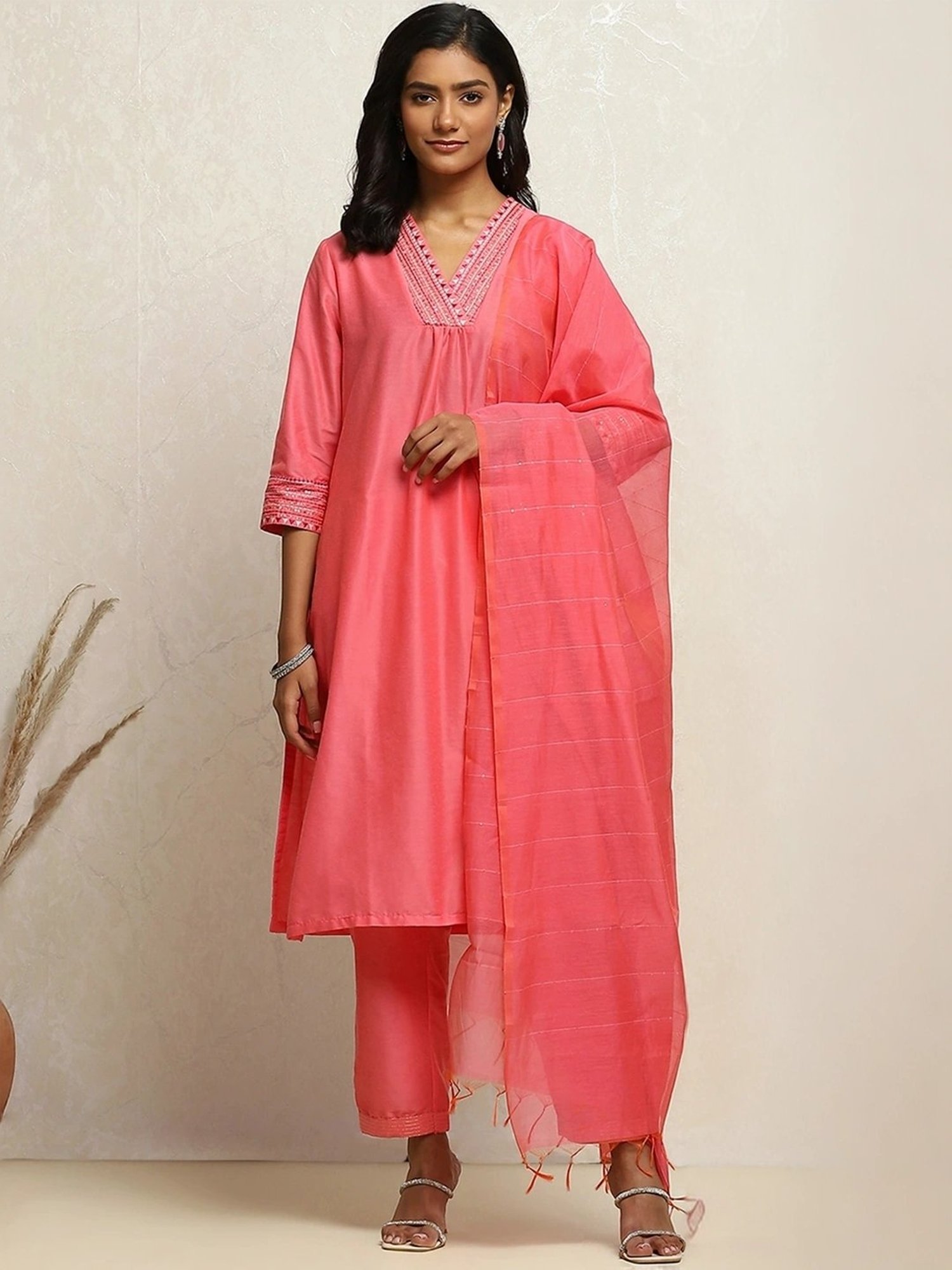 Biba Pink Embroidered Kurta Pant Set With Dupatta