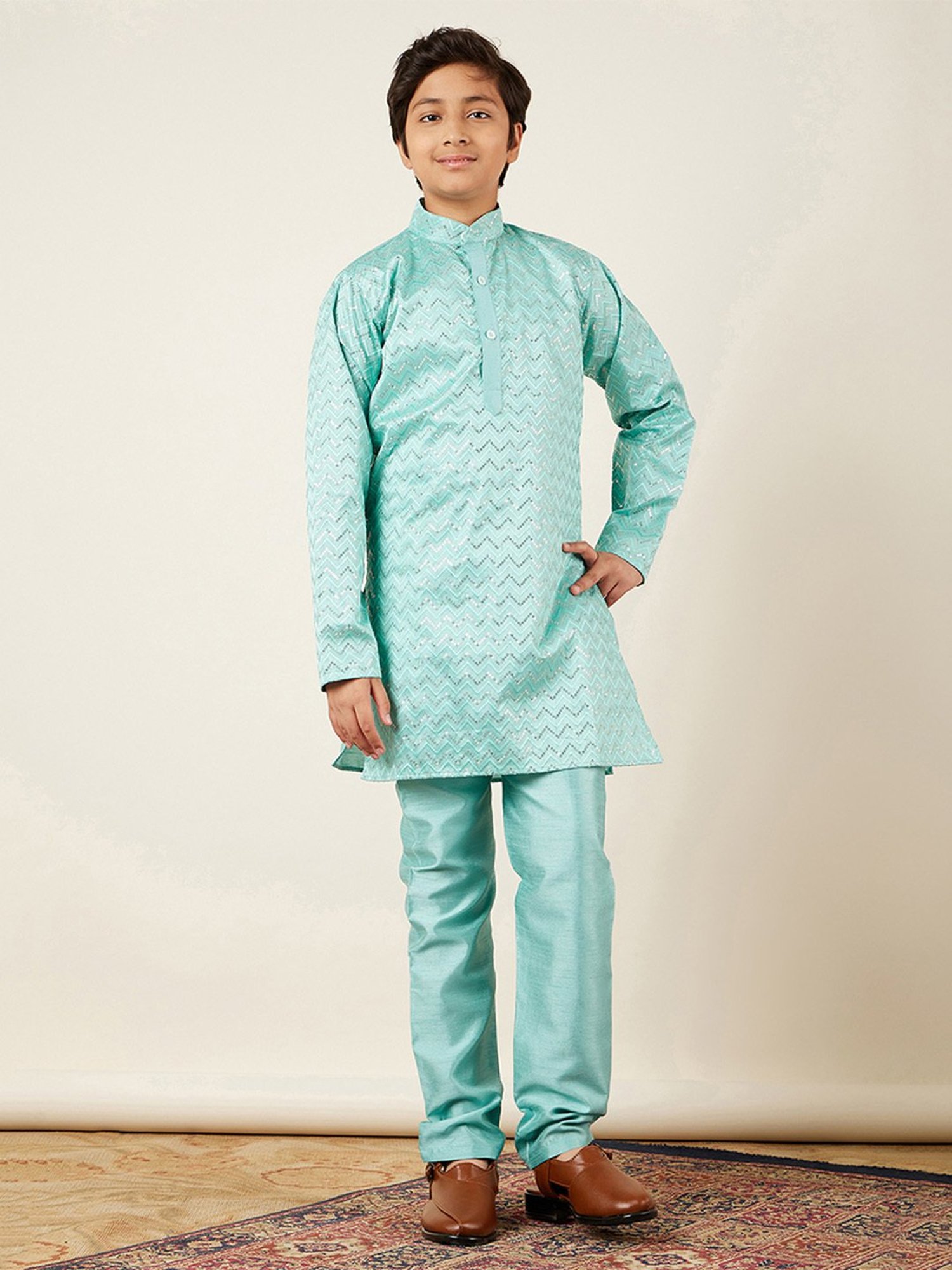 AJ Dezines Kids Beige Embellished Full Sleeves Kurta with Pyjamas