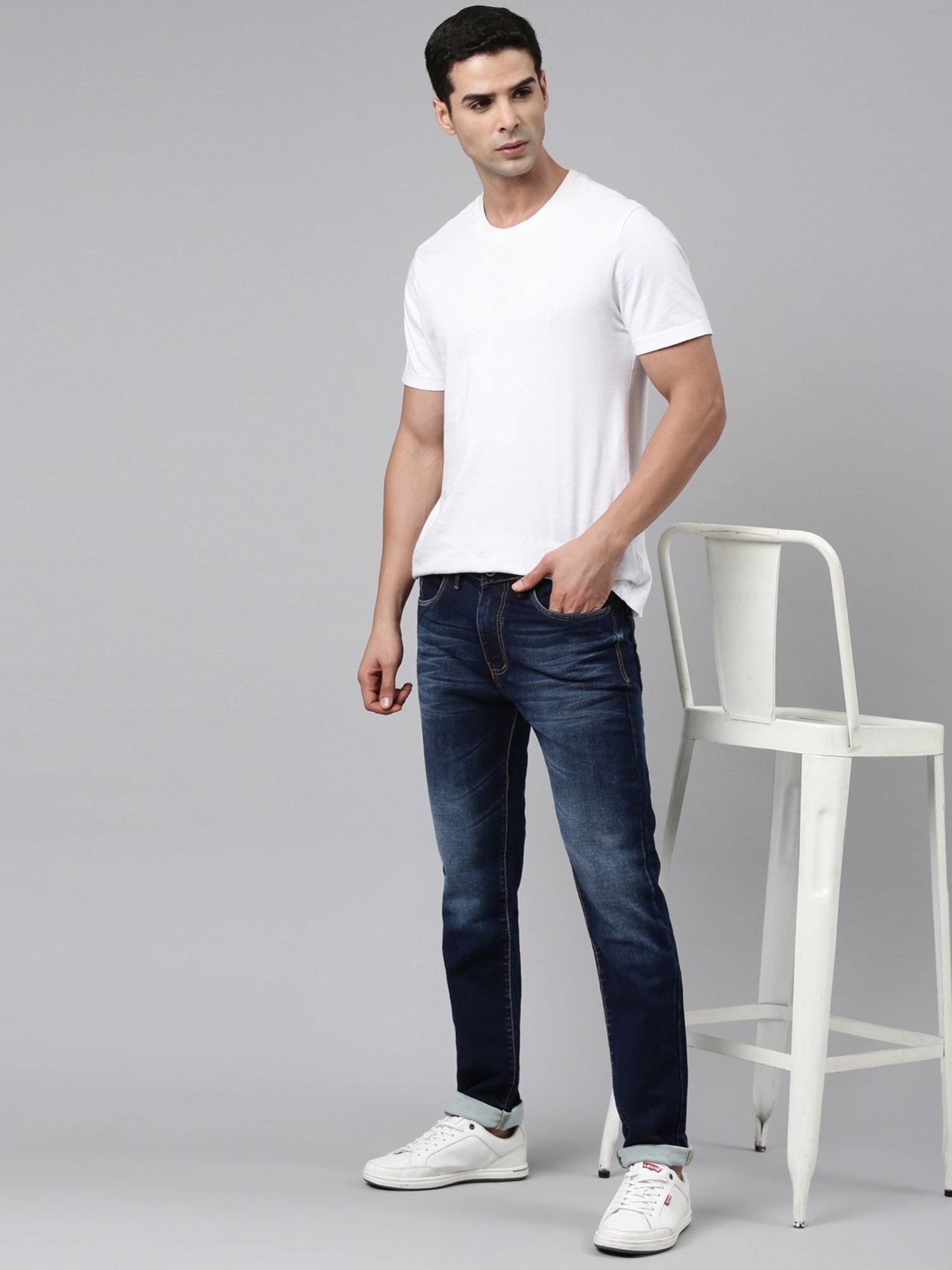 CINOCCI Denim Blue Cotton Slim Fit Jeans