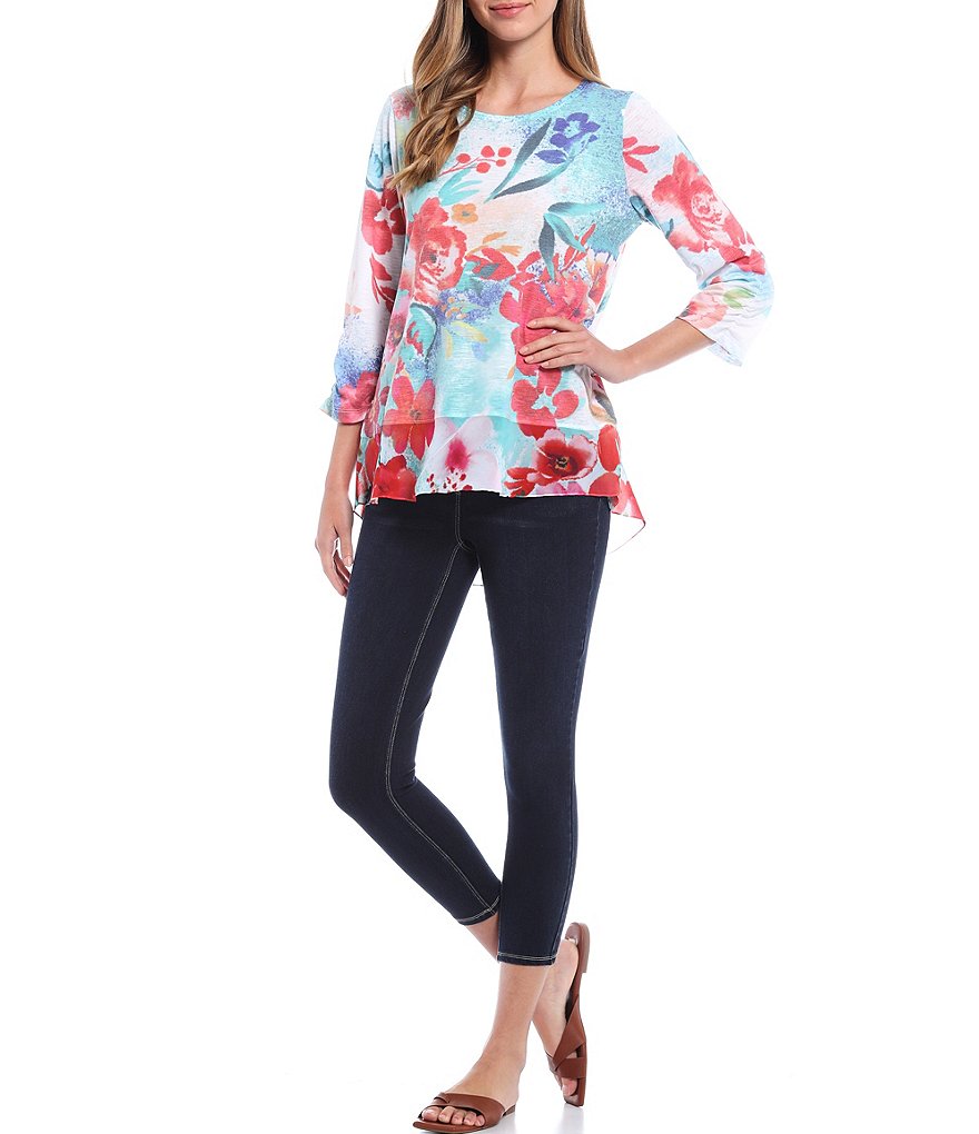 Ali Miles Petite Size Floral Print Mixed Media Hi-Low Top