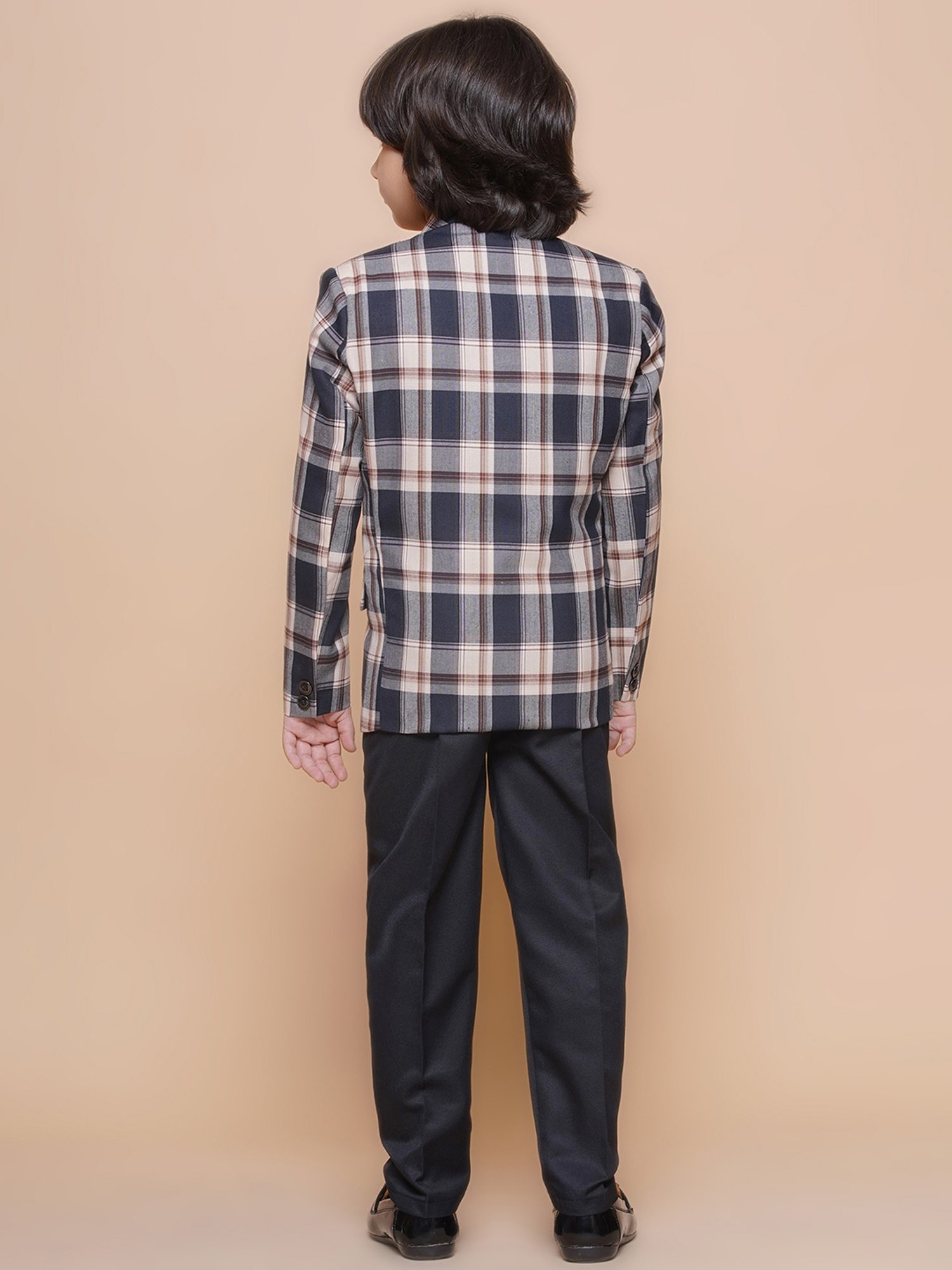 AJ Dezines Kids Beige & Black Checks Full Sleeves Shirt, Pants, Coat, Waistcoat with Tie