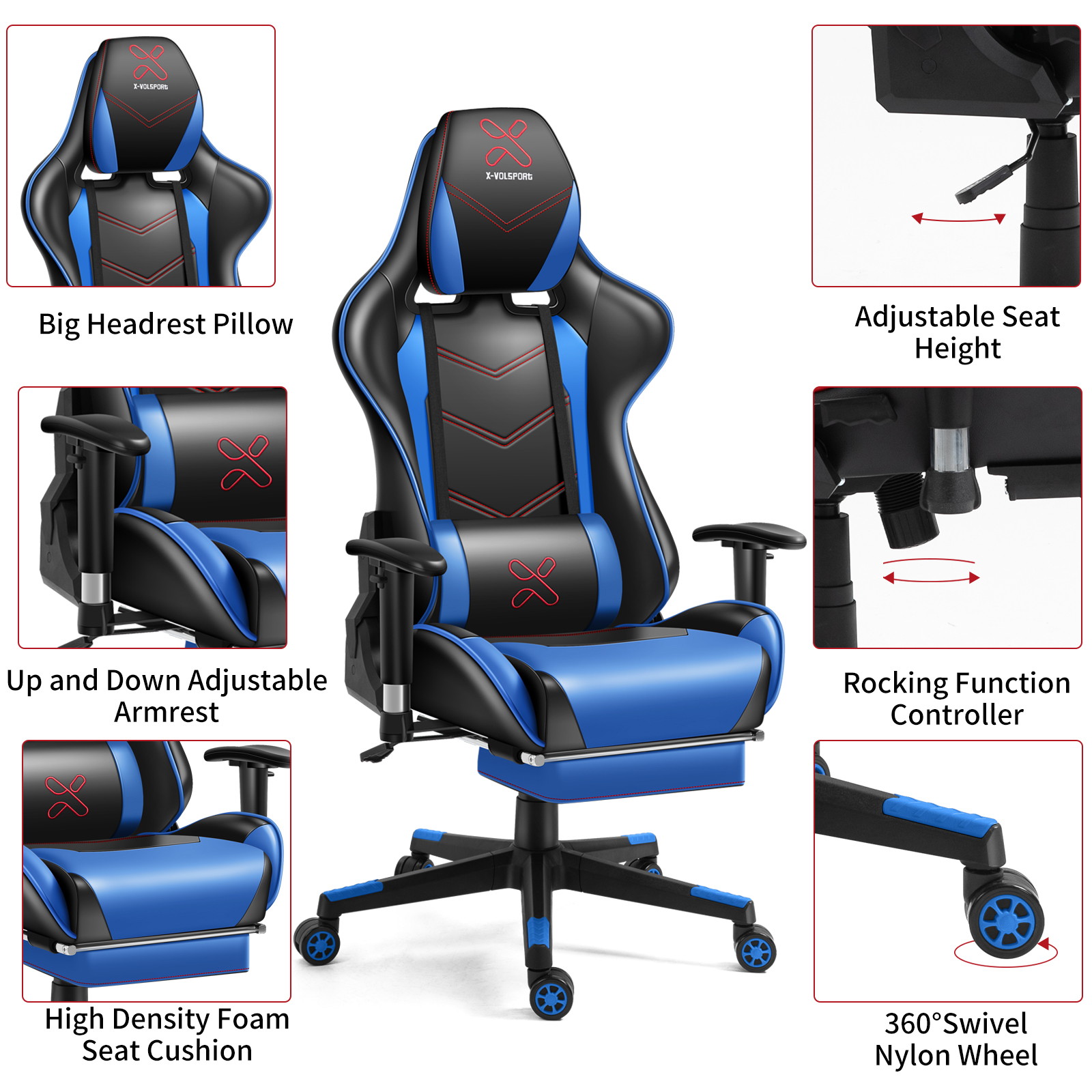 X-VOLSPORT Gaming Chair Office High Back Chair with Footrest, Racing Style PU Leather Ergonomic Computer Video Game Chair with Headrest and Lumbar Massage