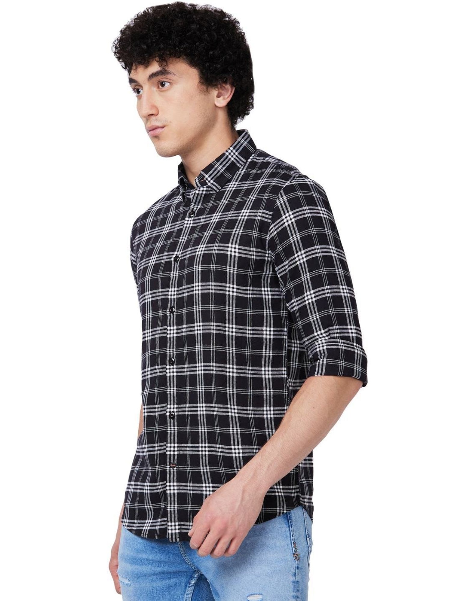 Spykar Black Cotton Regular Fit Checks Shirt