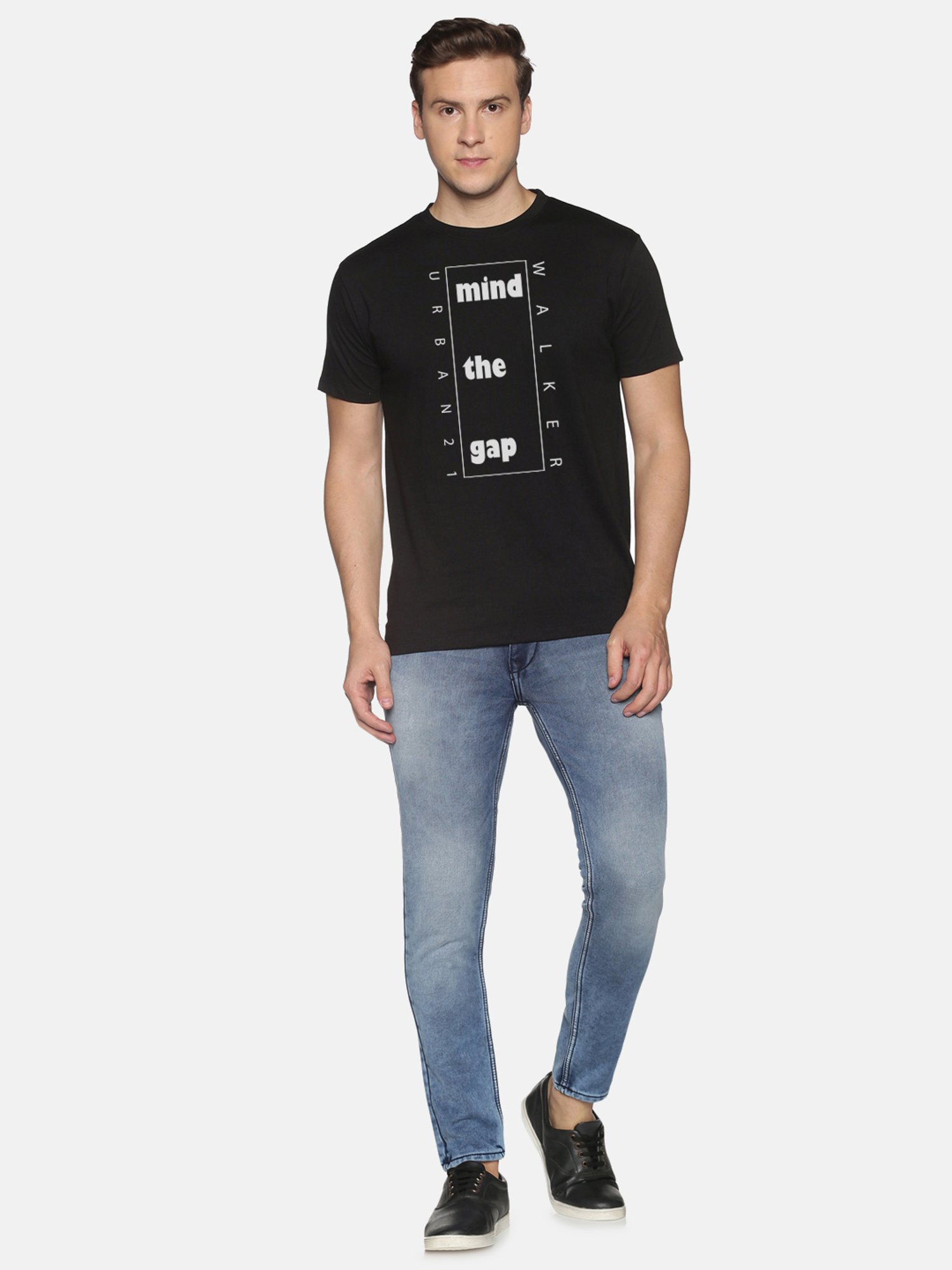 BLACK RADIO Black Slim Fit Printed Cotton Crew T-Shirt