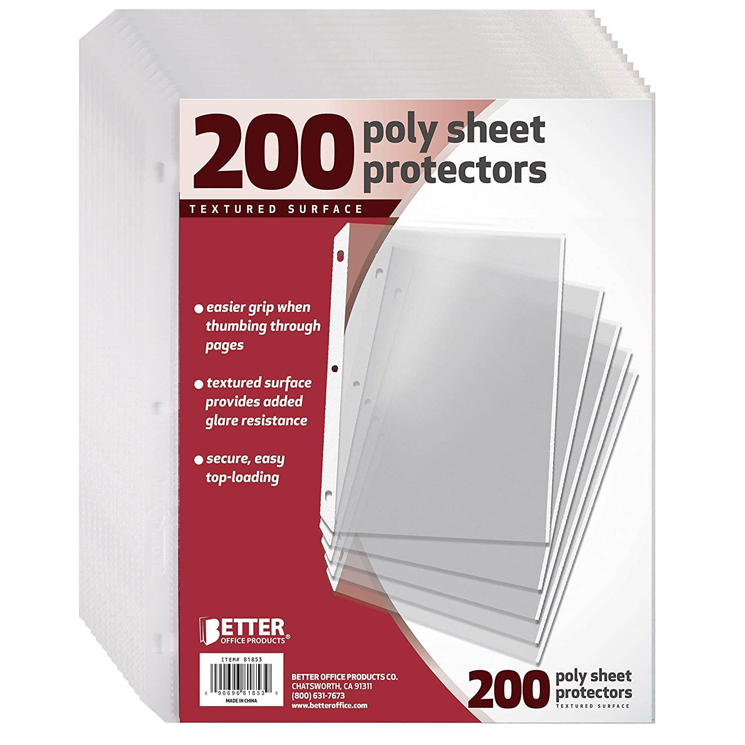200 Count Textured Sheet Protectors by Better Office Products, 8.5 x 11", Textured for Added Anti Glare, Extra Privacy, and Easier Handling, Top Load, 200 Pack