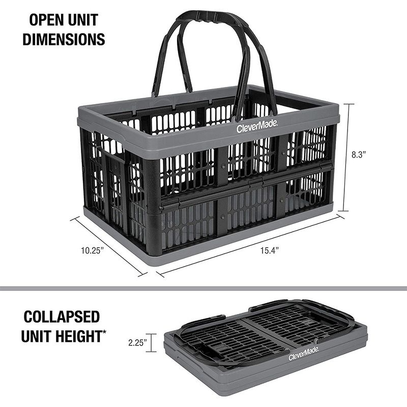 CharcoalCleverMade CleverCrate Durable Plastic Stackable 16L Collapsible Shopping Basket, Charcoal (3-Pack)