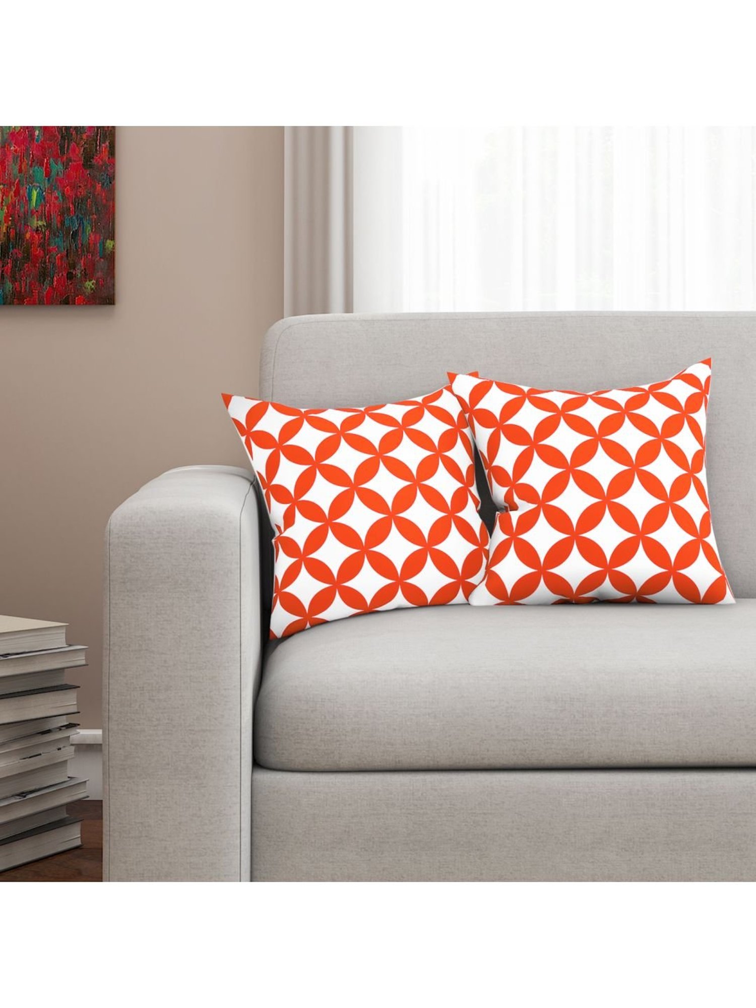 Swayam Red & White Cotton 60 cm x 60 cm Cushion Covers - Set of 5