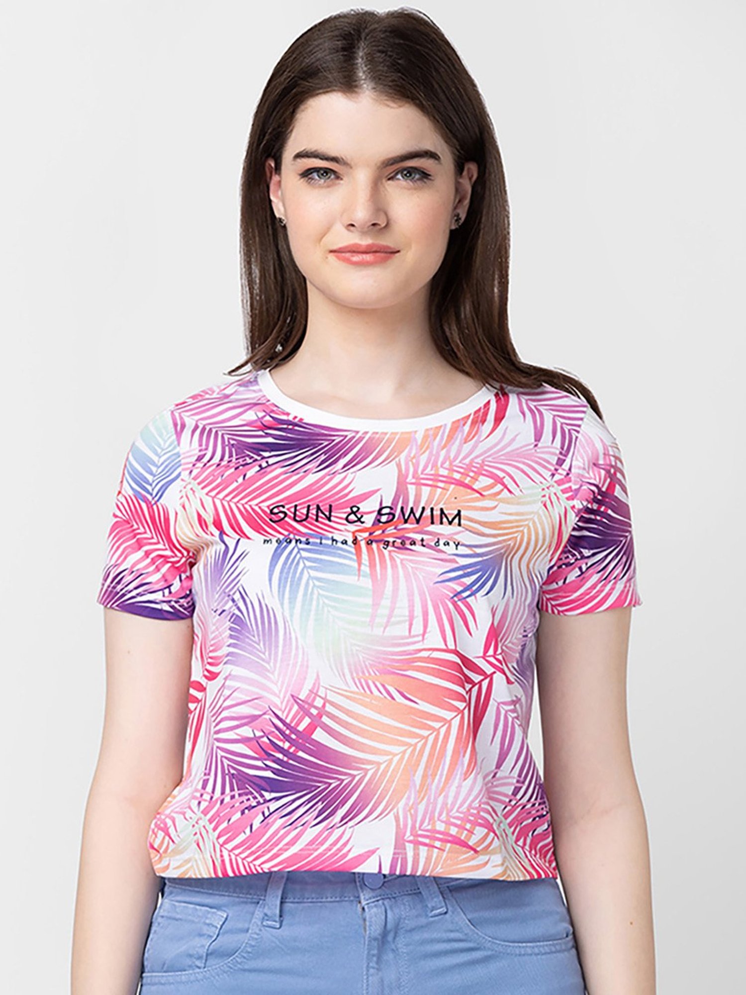 Spykar White & Pink Cotton Printed Top