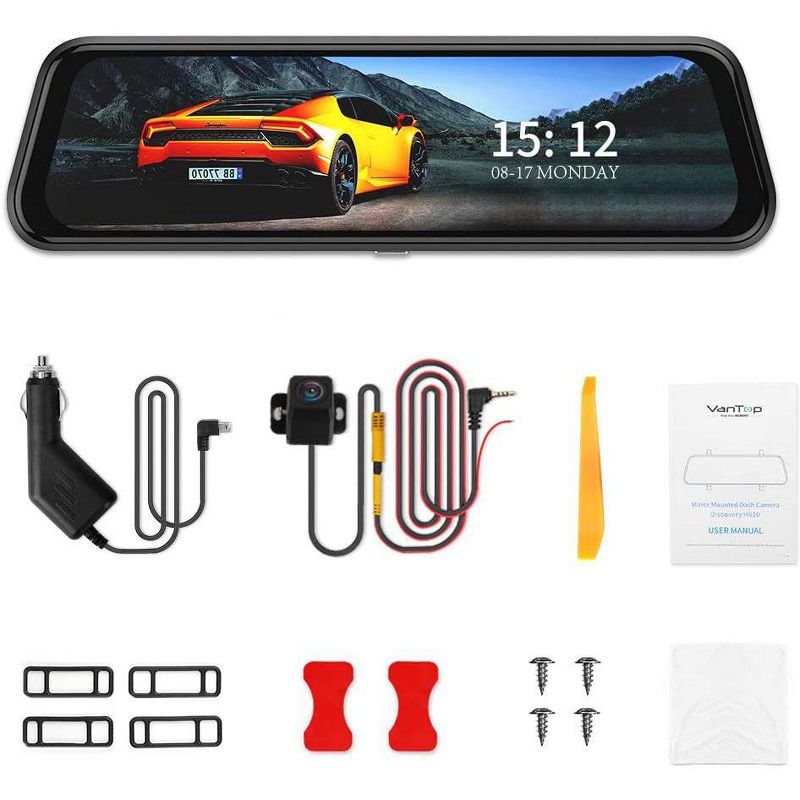 VanTop H609 Dual 1080P Mirror Dash Cam with 10" IPS Touch Screen Rear View Camera, Night Vision, Parking Monitor