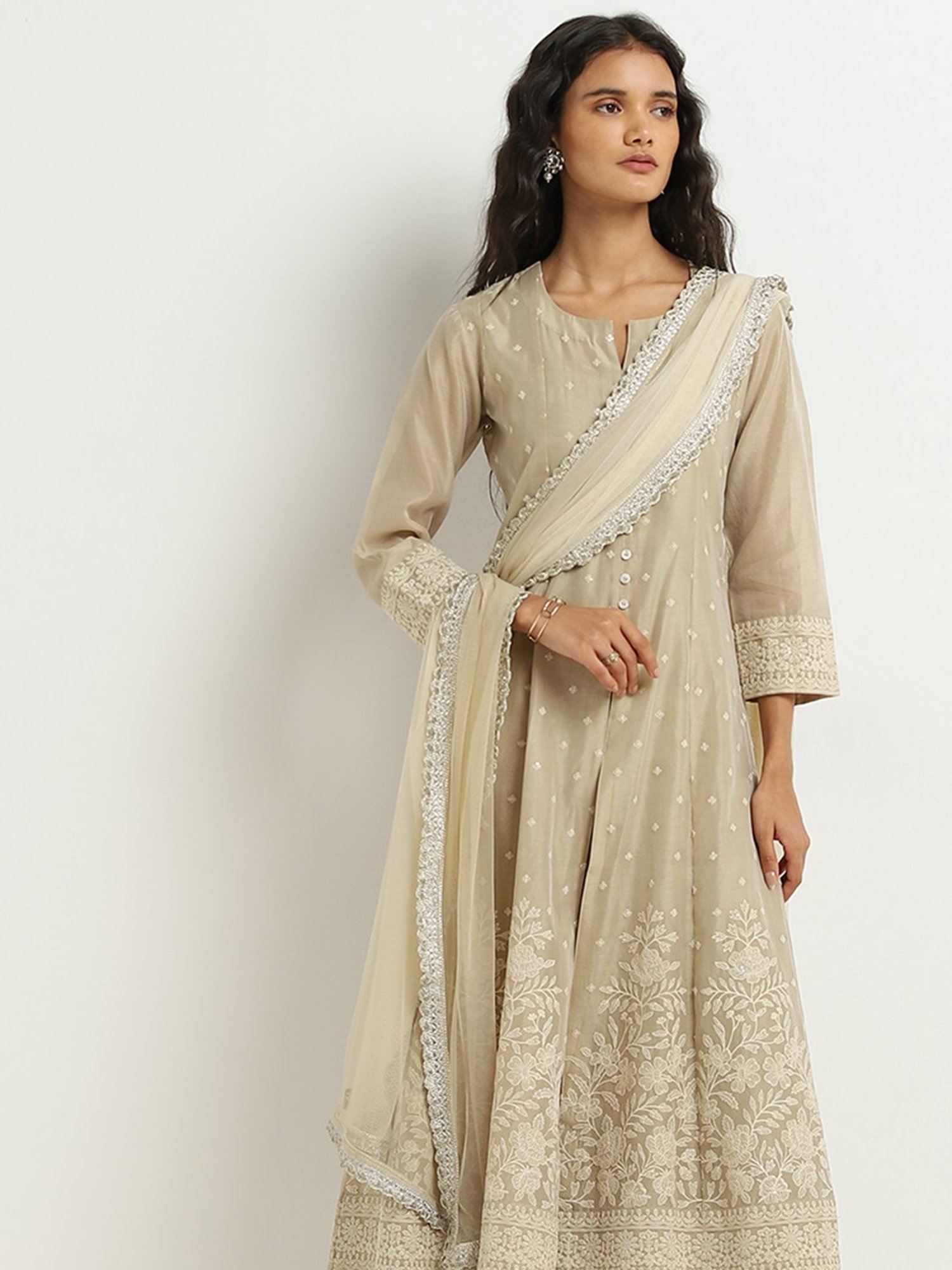 Vark by Westside Beige Embroidered A-Line Kurta, Pants and Dupatta Set