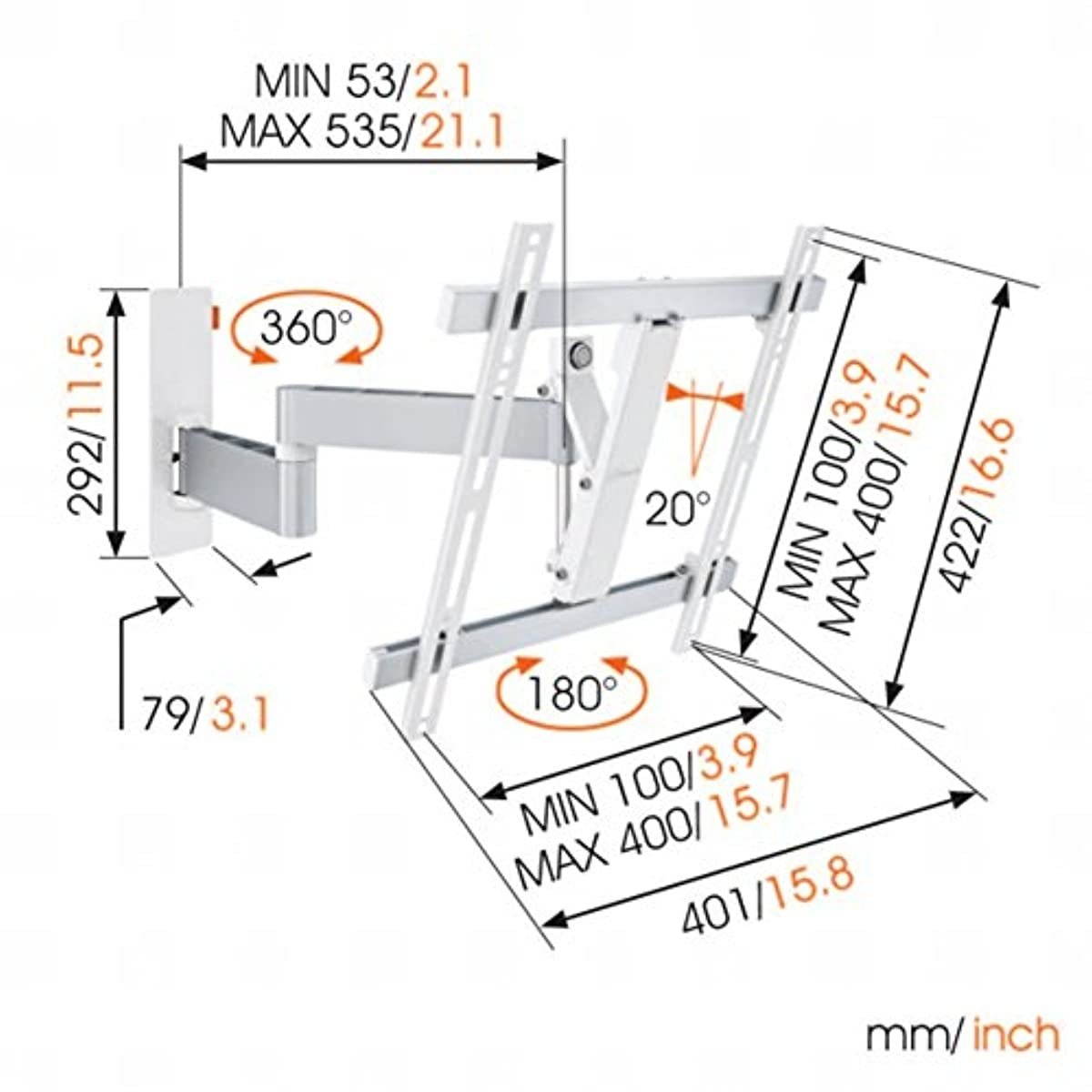 Vogel's TV Wall Mount, 180&deg; Articulating Swivel and Tilt - Wall 3245 W for 32-55 inch TVs, White