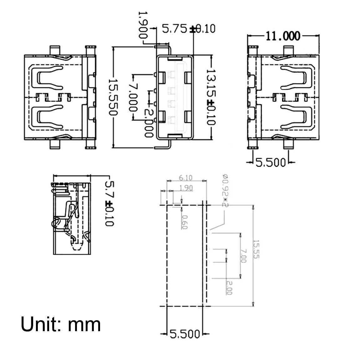 USB-AF PCB Connector Female Jack 11mm Short Body Sinking Plate 5pcs