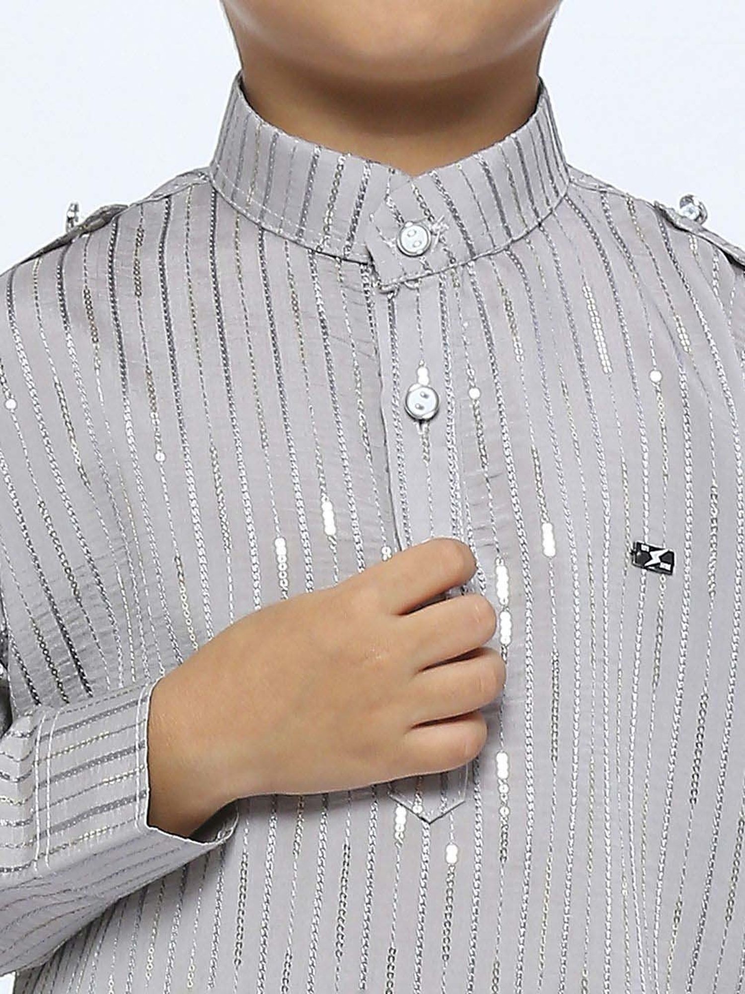 Kids Island Boys Grey Sequence Full Sleeves Kurta Set