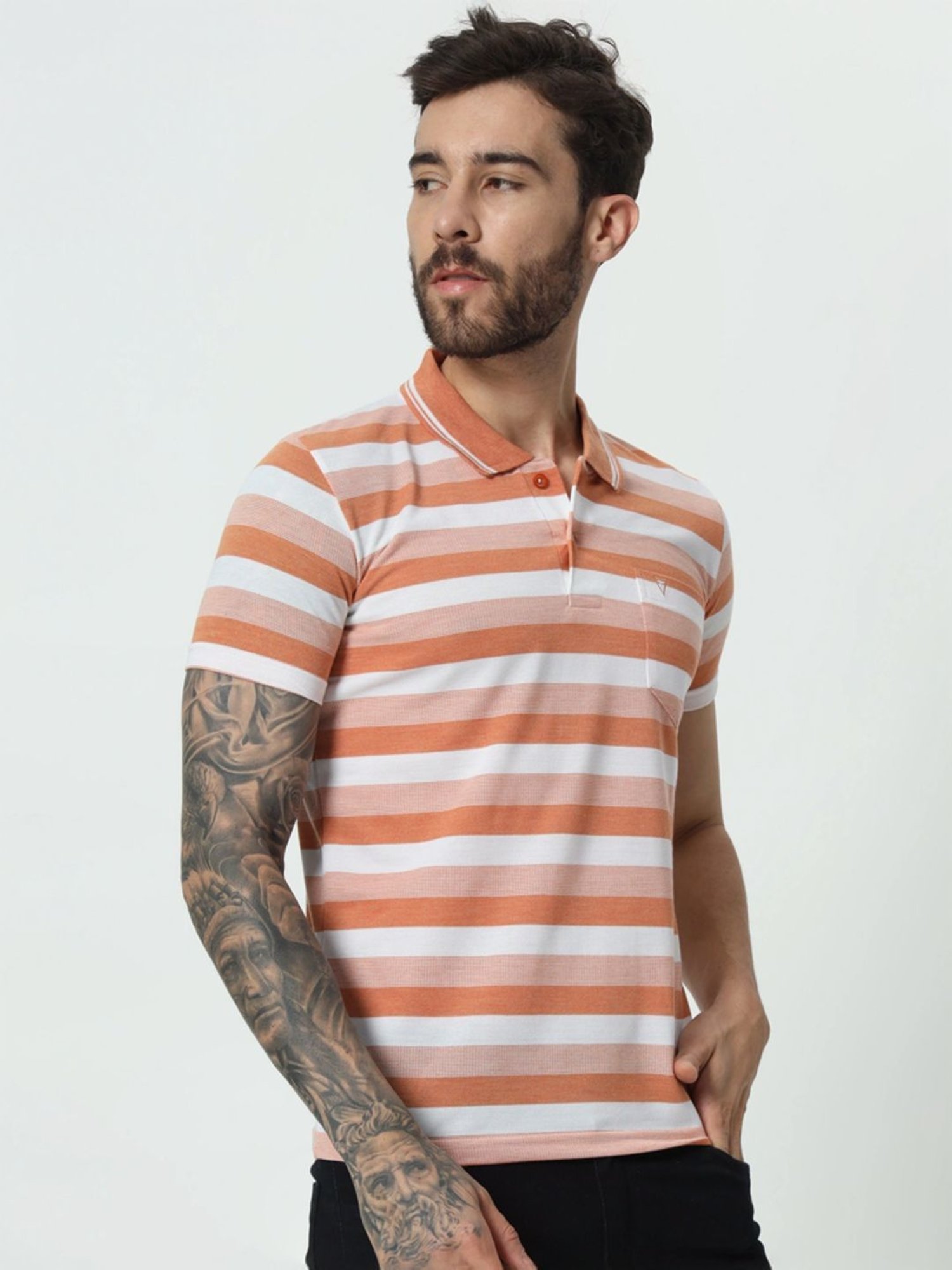 Tab91 Orange Regular Fit Striped Polo T-Shirts