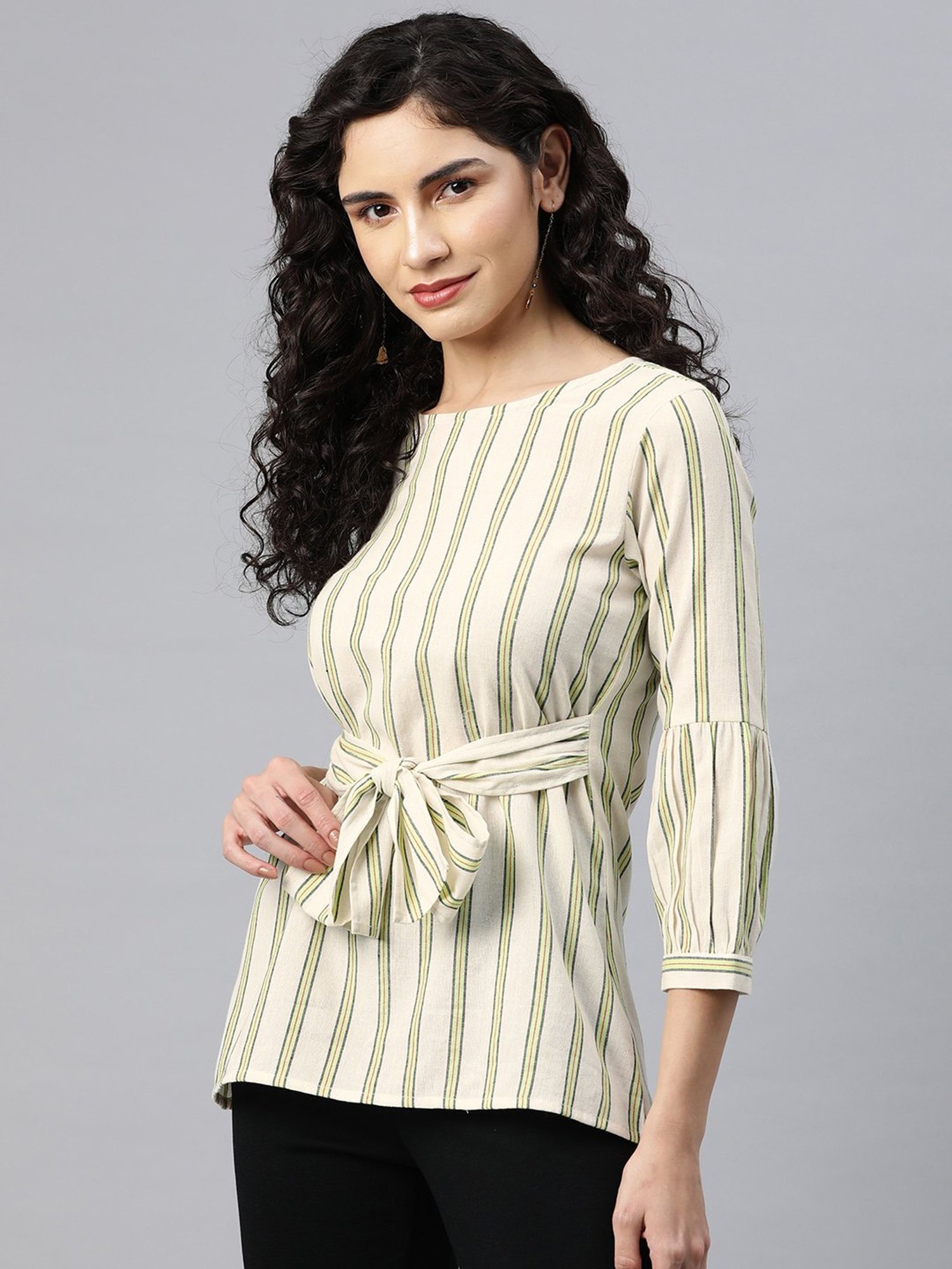 Cottinfab White & Green Cotton Striped Top